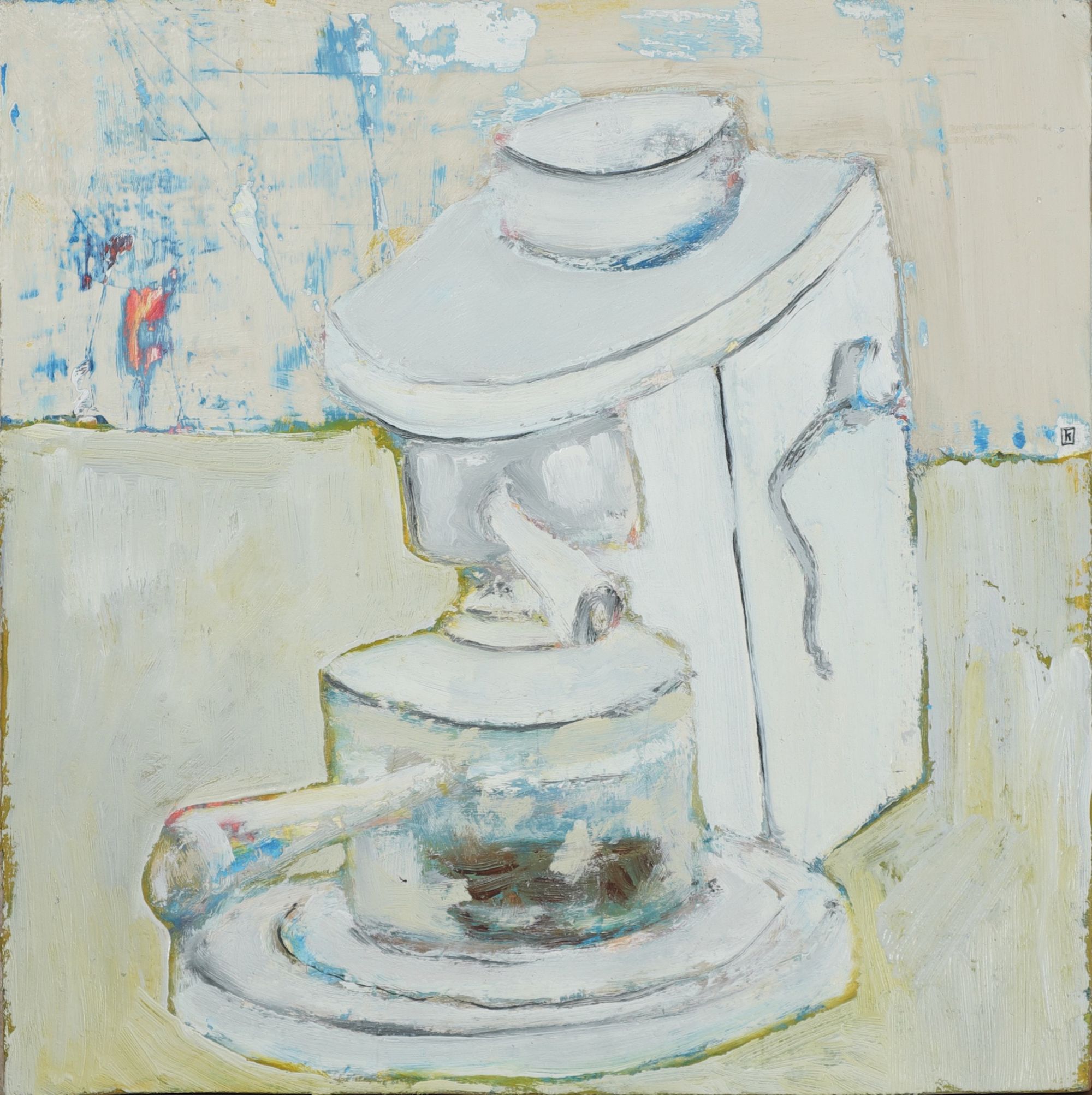 Oil painting on panel of a white espresso machine rendered in thick impasto brushwork against a pale cream and blue background, with a portafilter and drip tray visible at the base.