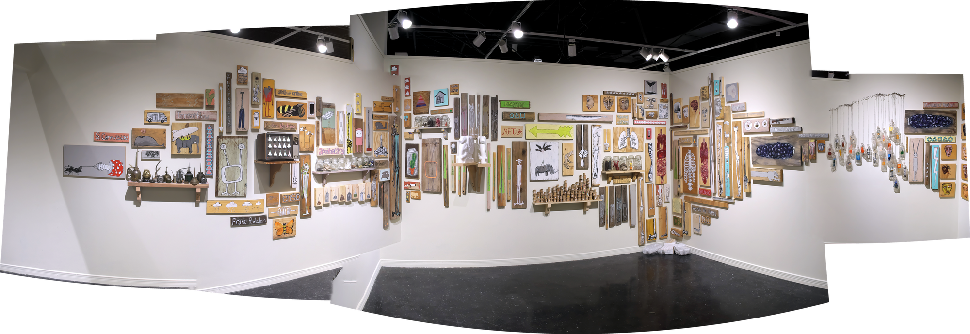 Panoramic view of a site-specific installation covering three gallery walls in Las Cruces, New Mexico, densely arranged with painted found-wood pieces depicting animals, insects, skulls, anatomical forms, geometric patterns, and hand-lettered text in a vibrant mix of earth tones, bright colors, and natural wood grain