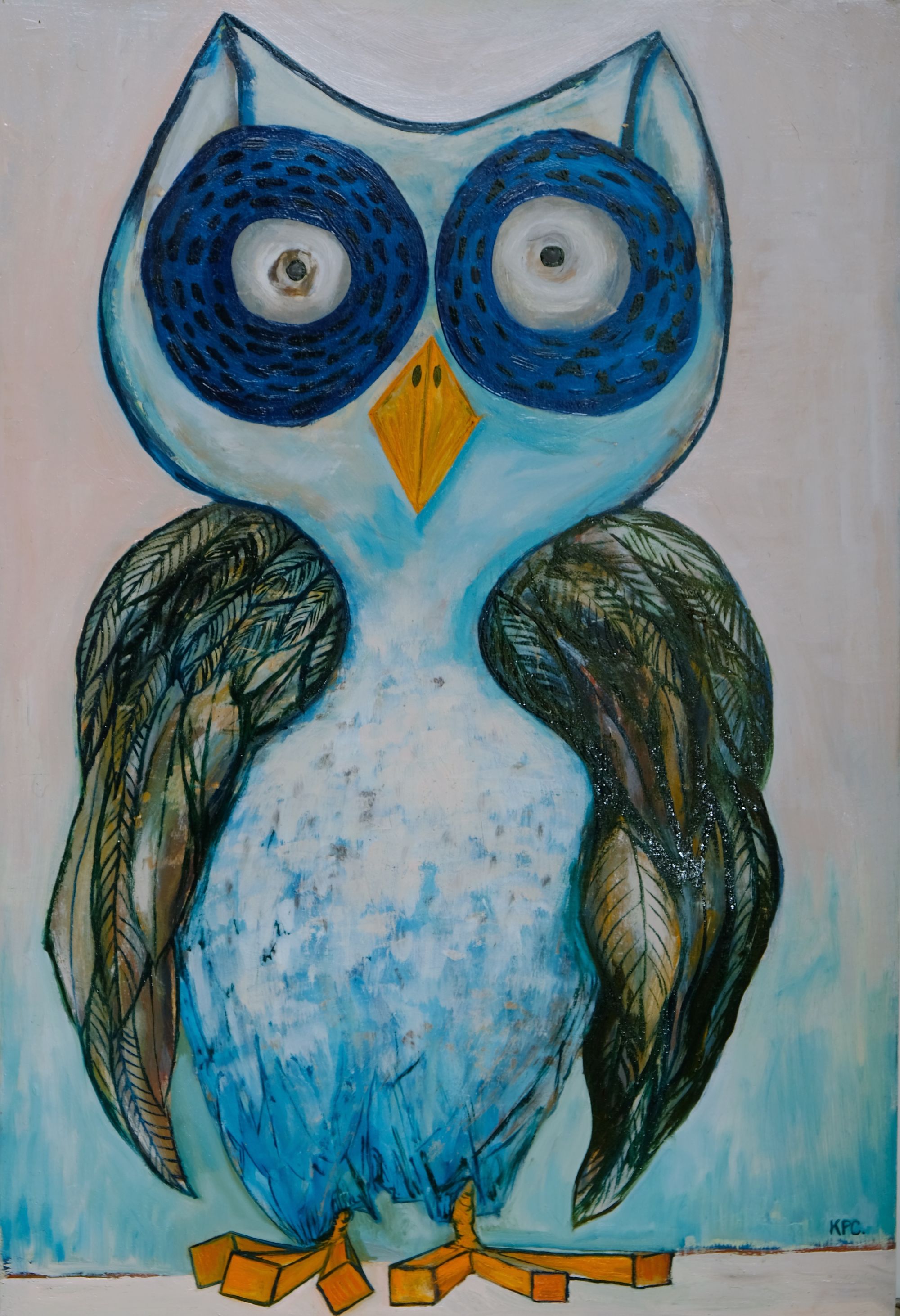 Oil painting on baltic birch panel of a stylized owl facing forward with large round dark blue eyes, a golden diamond-shaped beak, dark feathered wings, a pale blue body, and orange talons against a soft pink and light blue background.