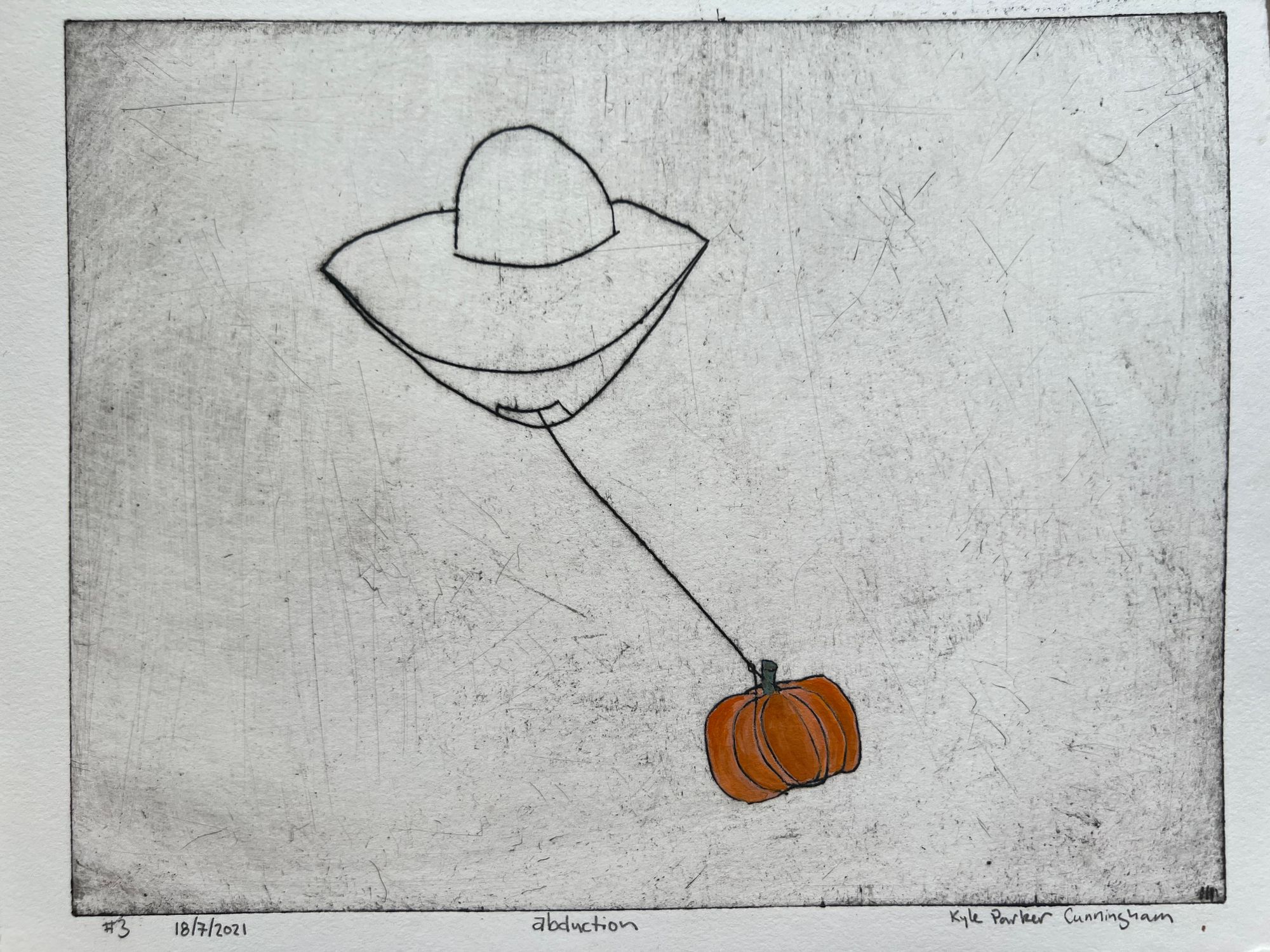 Intaglio drypoint print on handtorn paper depicting a flying saucer in the upper left beaming up a small orange pumpkin via a tractor beam, with scratchy line work on a pale gray background.