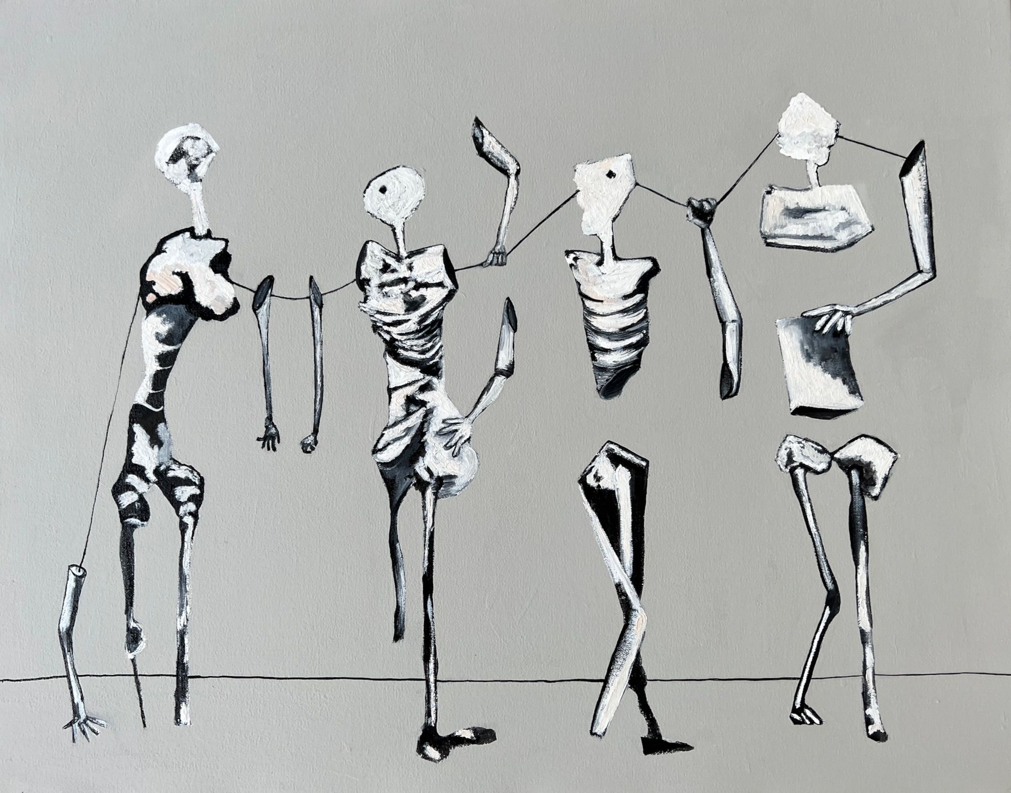 Acrylic, latex, and oil painting on canvas of four elongated skeletal figures in black and white standing in a row against a flat gray background, connected by thin lines, with angular limbs and abstract white heads.