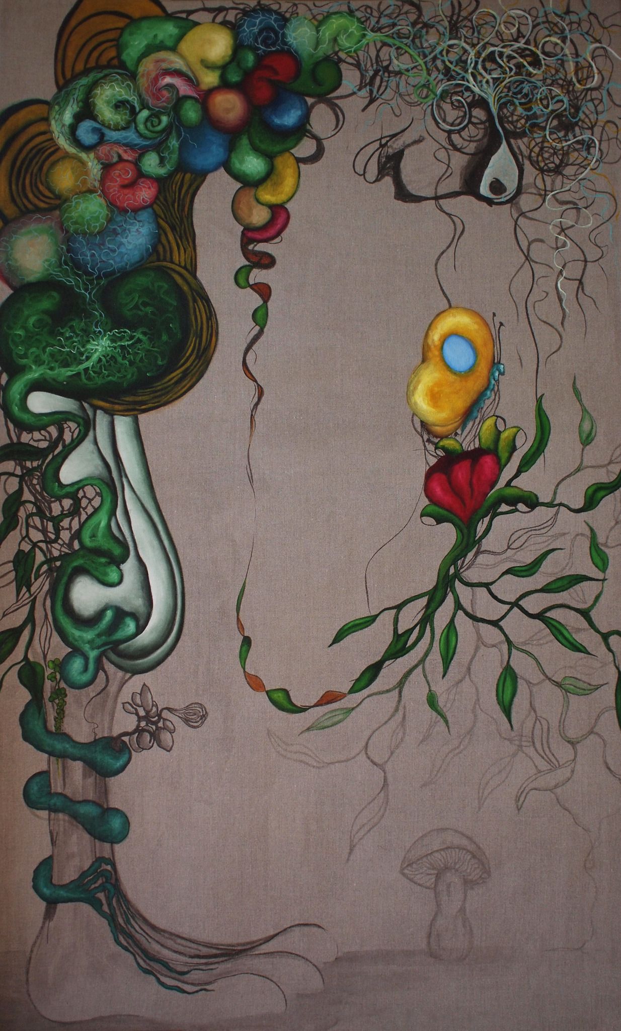 Oil and Japanese ink painting on raw linen featuring surreal organic forms — colorful bulbous shapes in greens, blues, reds, and yellows cascade from the upper left, connected by twisting vines, tendrils, and a red flower against an exposed linen background.
