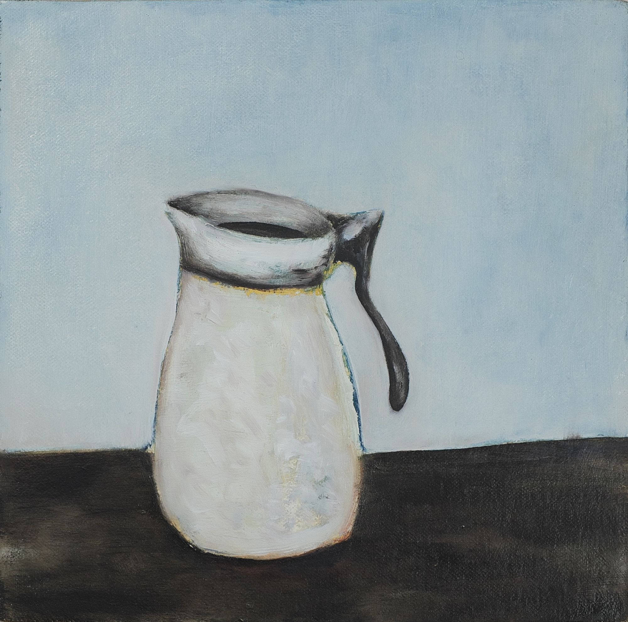 Oil painting of a white glass coffee carafe with a dark handle, centered on a dark surface against a pale blue background in a minimal still life composition.