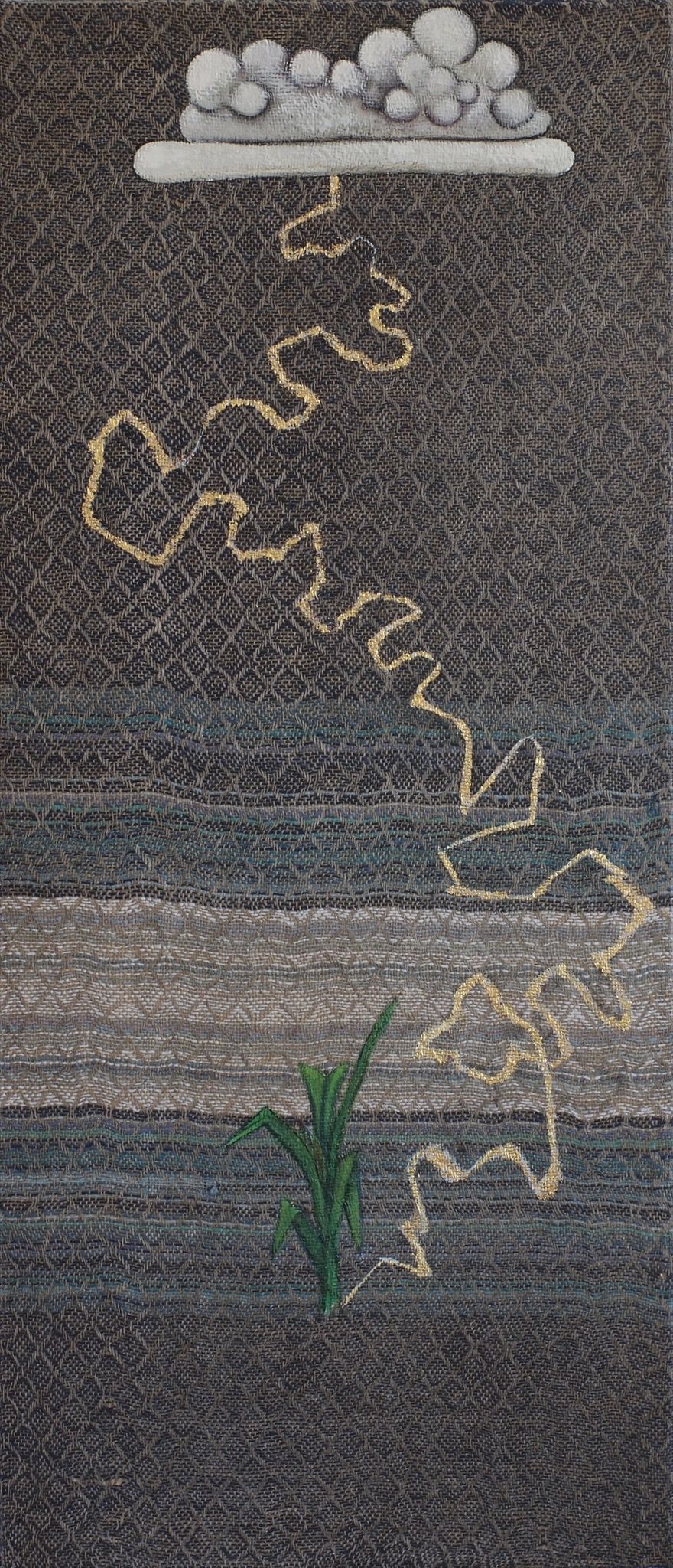 Vertical oil painting on handwoven linen of a gold zigzag lightning bolt descending from a cluster of white spheres atop a shelf, striking down toward a small green corn sprout against the dark woven textile ground.