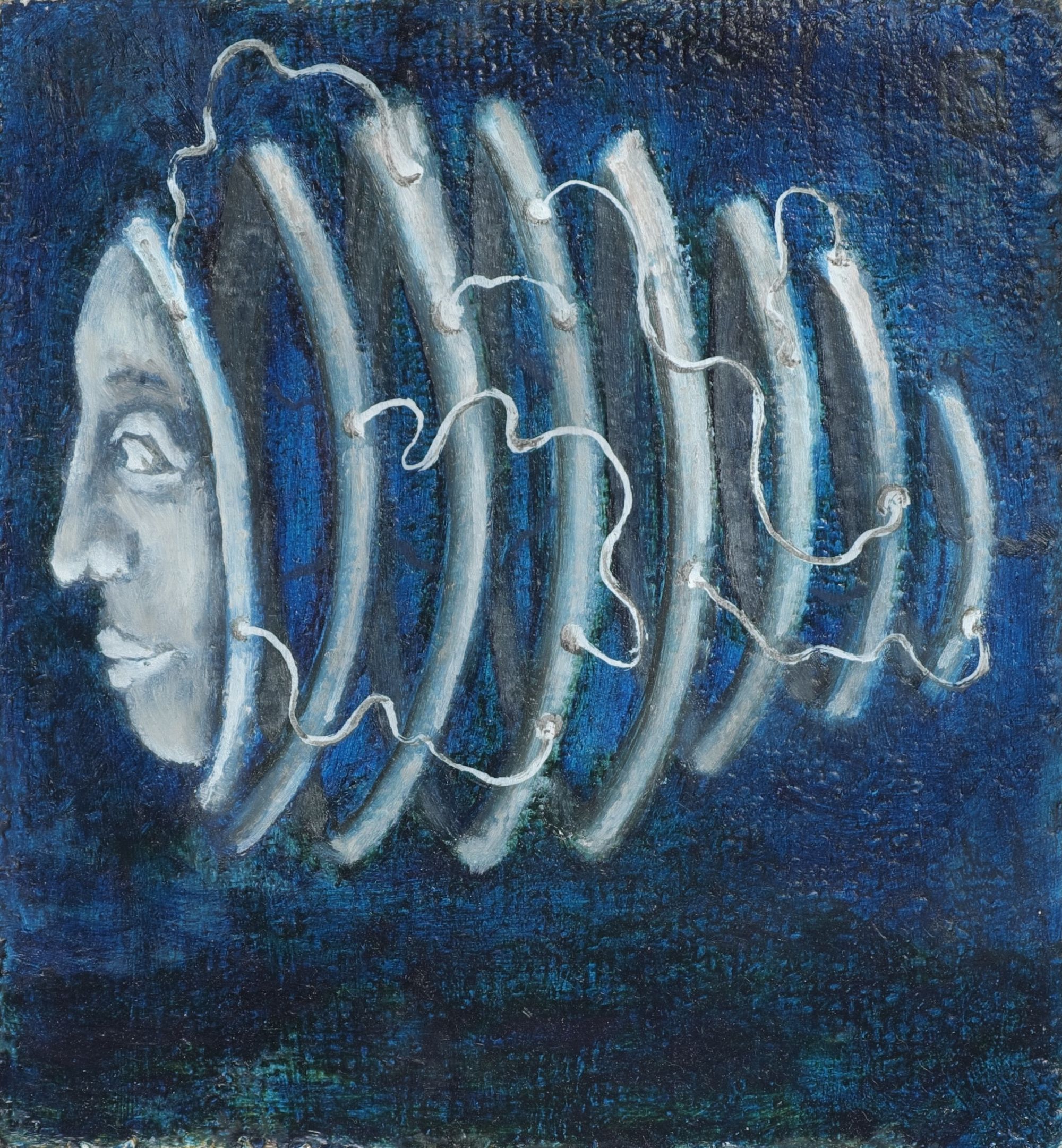 Oil painting on handwoven linen of a pale face in profile emerging from the left, with concentric light blue spiral ridges radiating outward against a deep blue background, creating a coiled spring-like form.
