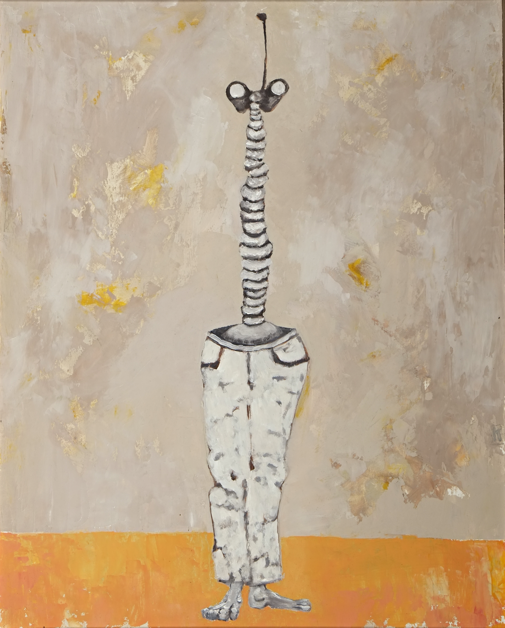 Oil painting on panel of a surreal standing figure with a long ribbed neck topped by binocular-like eyes, wearing white pants, centered against a textured beige and yellow background with an orange ground plane.