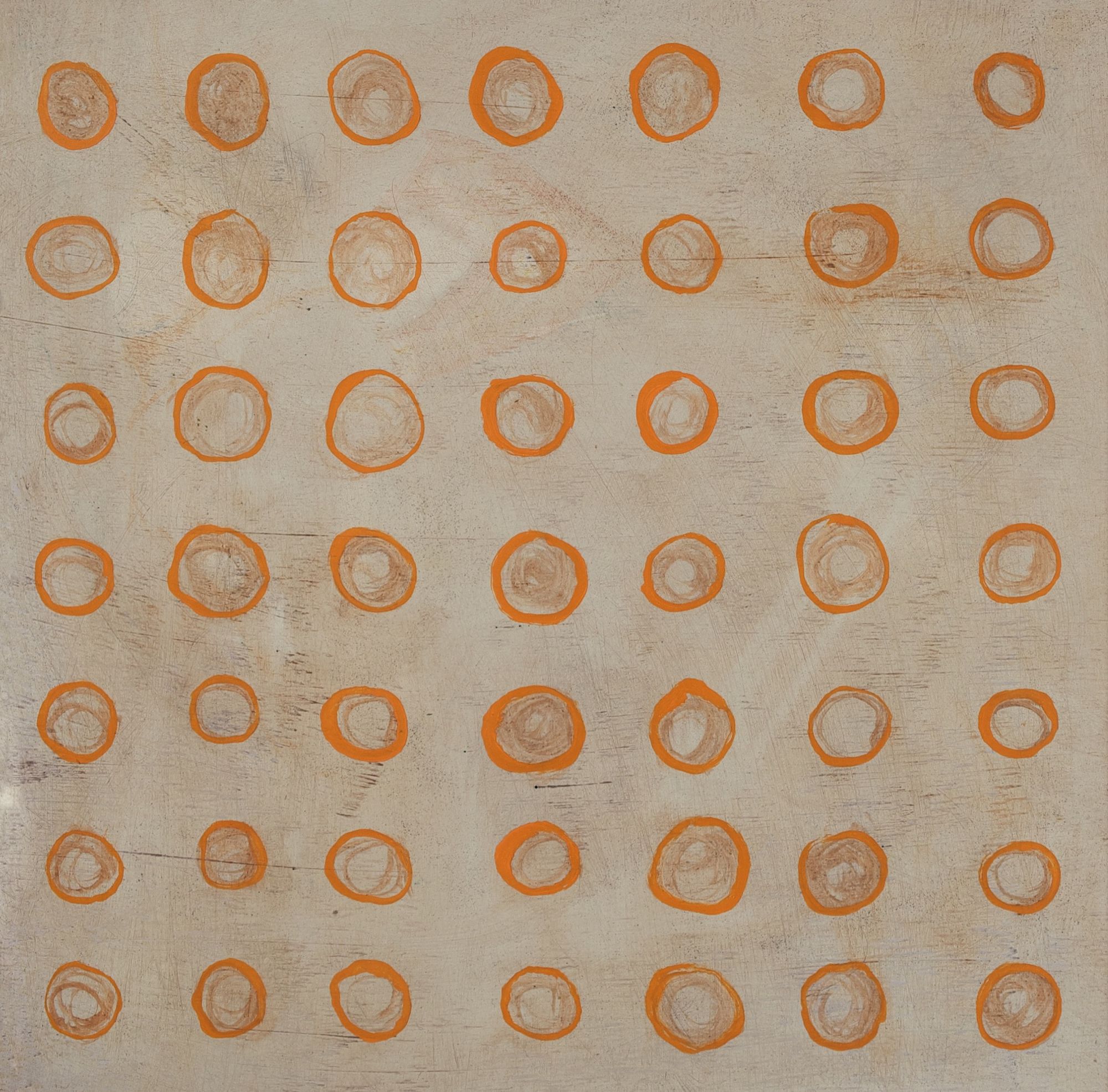 Oil painting on gesso panel of a grid of hand-painted orange circles on a warm cream background, arranged in loose rows with subtle variations in size and brushwork.