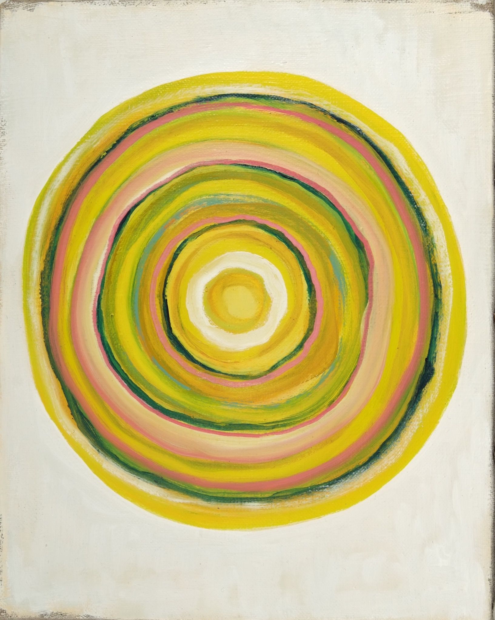 Oil painting of concentric circles in yellow, green, pink, and dark green bands radiating from a warm white center, on a white linen ground.