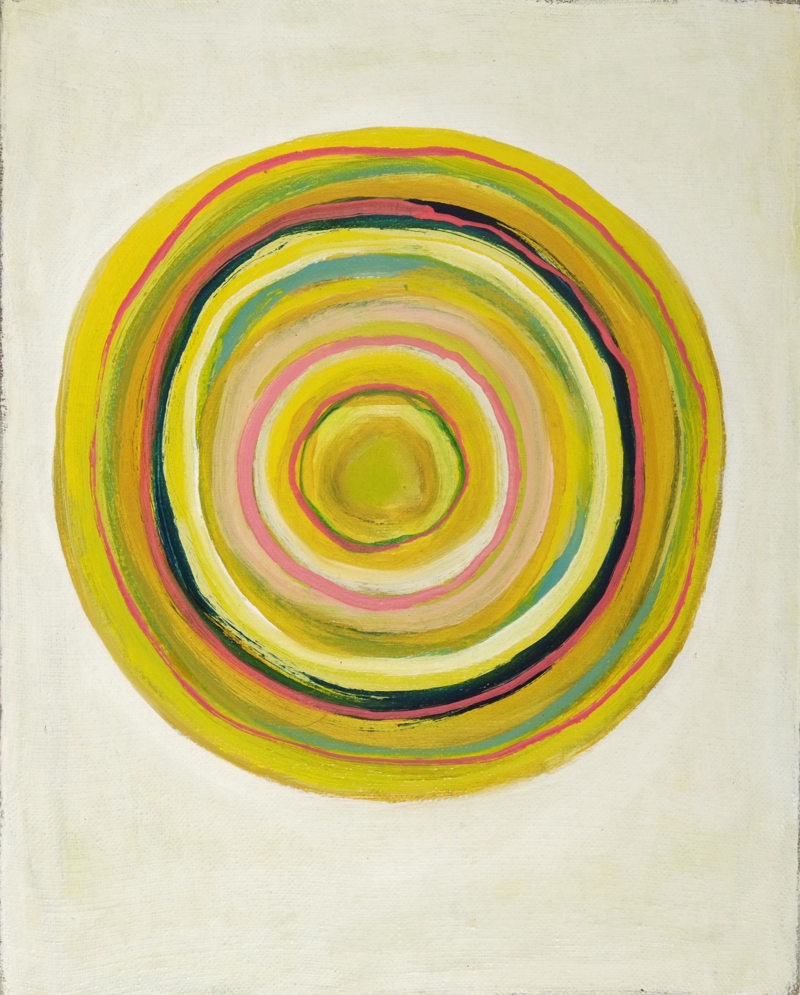 Oil painting of concentric circles in yellow, red, teal, and green bands radiating from a green-gold center, on a white linen ground.