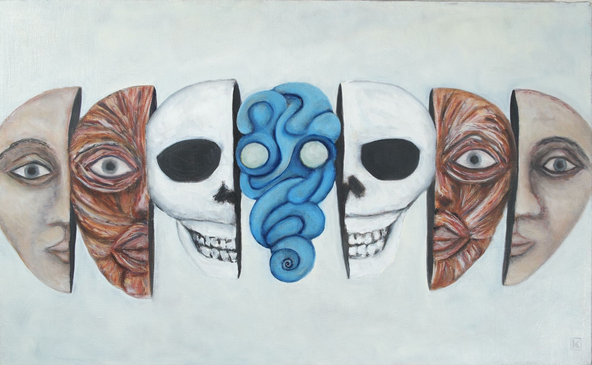 Oil painting of a symmetrical cross-section of a human head showing layered anatomical slices — outer skin, red muscle tissue, white skull, and a blue brain form at center — mirrored on both sides against a pale gray background.