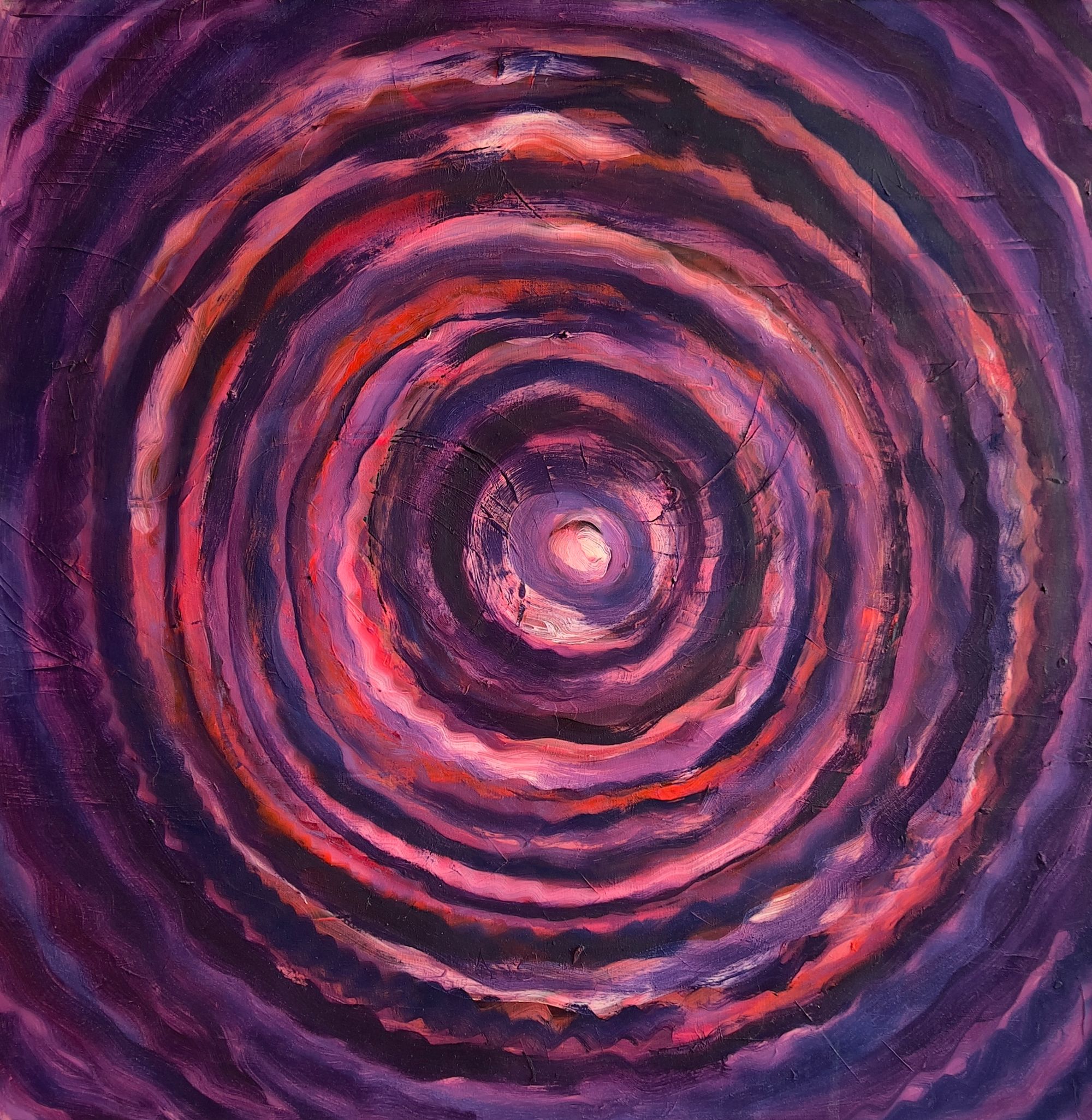 Oil painting of concentric circles spiraling inward with alternating bands of deep purple, pink, red, and lavender, radiating from a small bright center point to fill the entire square canvas.