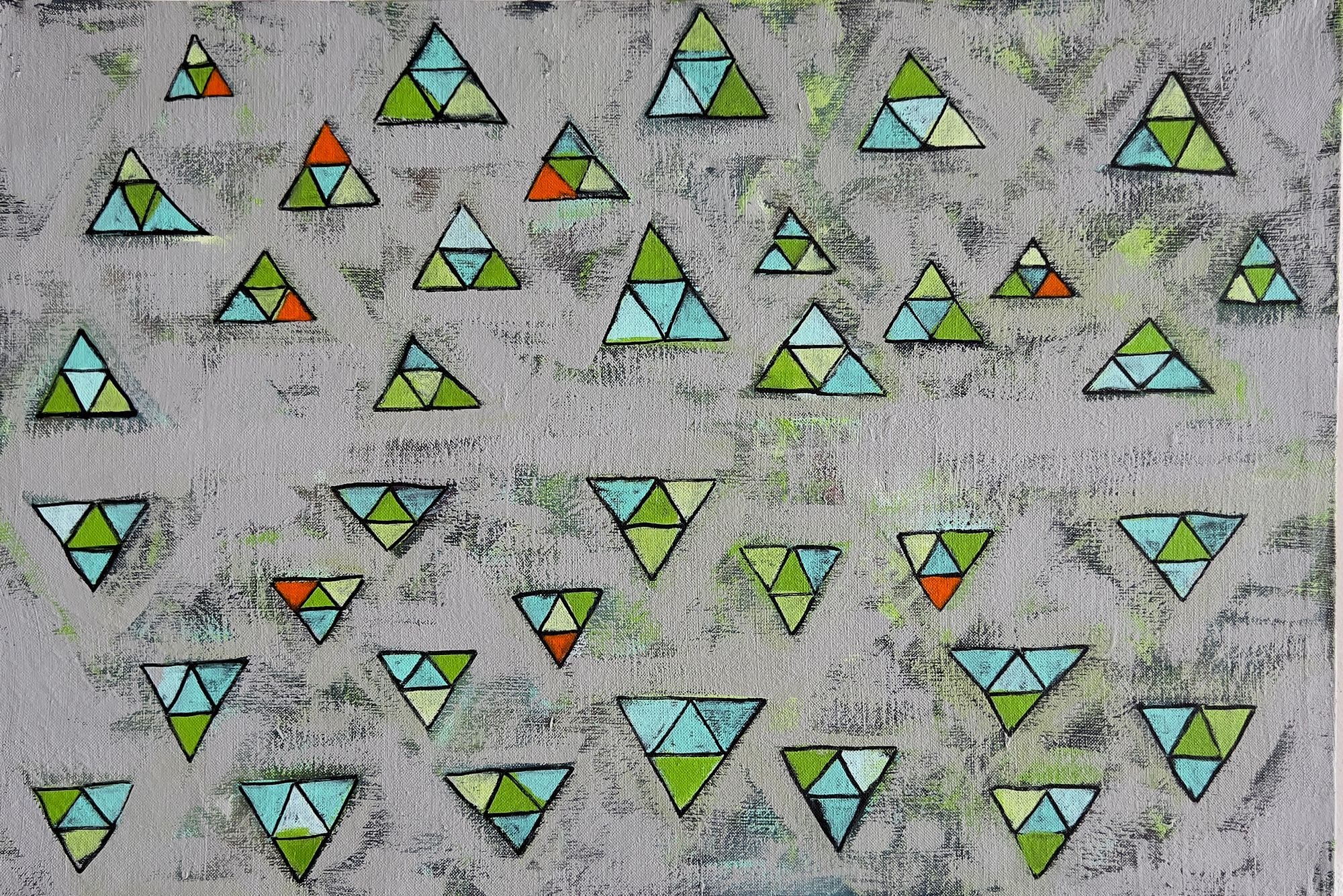 Oil and spray paint on linen featuring dozens of small multicolored triangles — in greens, teals, light blues, and occasional oranges — scattered across a textured gray background, with upward-pointing triangles in the top half and inverted ones below.