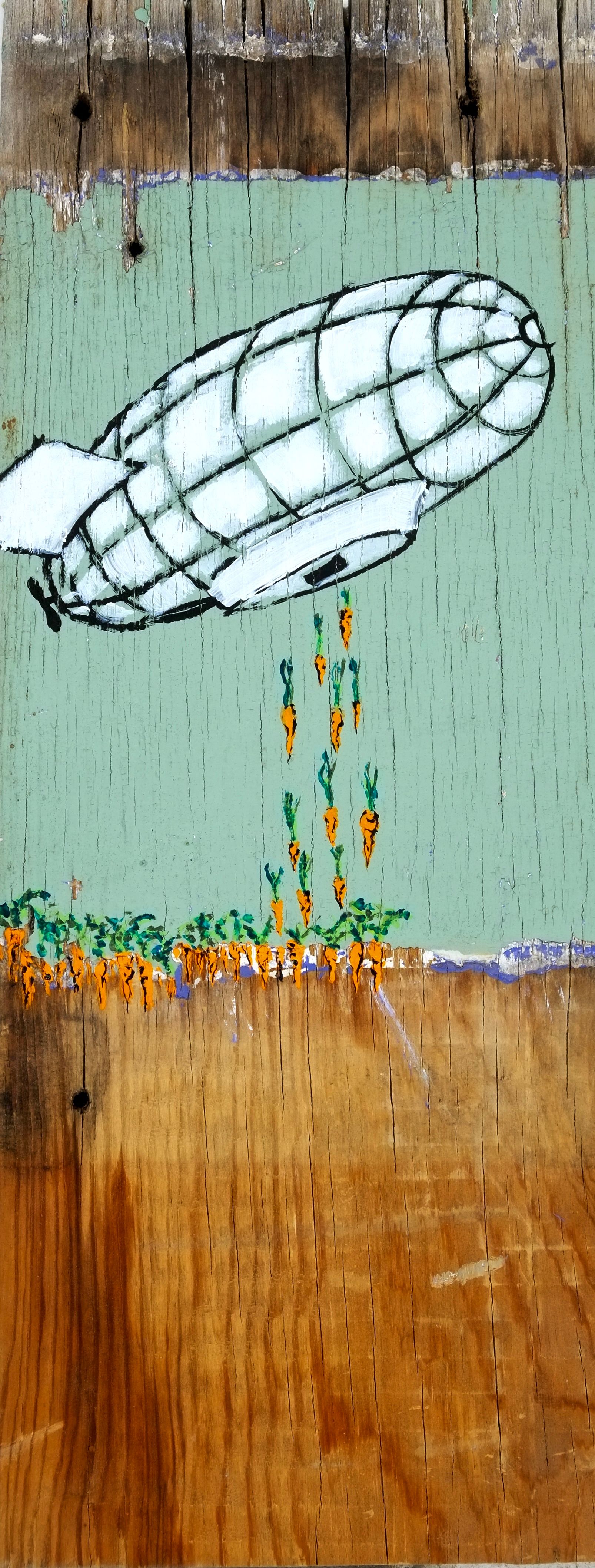 Acrylic painting on found wood of a white airship dropping orange carrots onto a green garden below, with exposed wood grain visible at top and bottom.