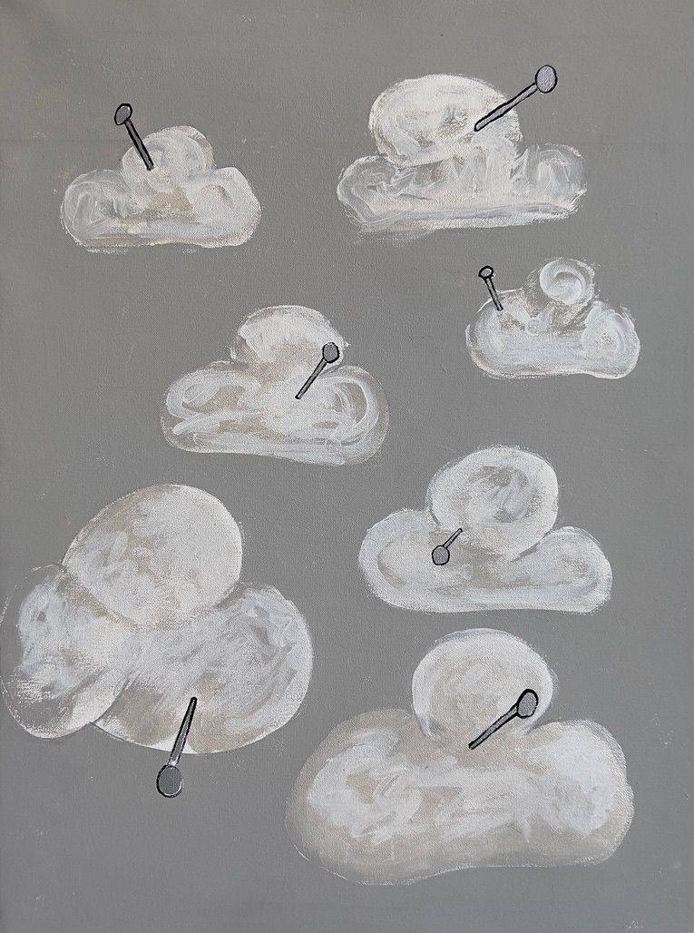 Acrylic and latex painting of seven white clouds on a gray background, each pierced by a small dark pin, arranged in a scattered pattern across the canvas.