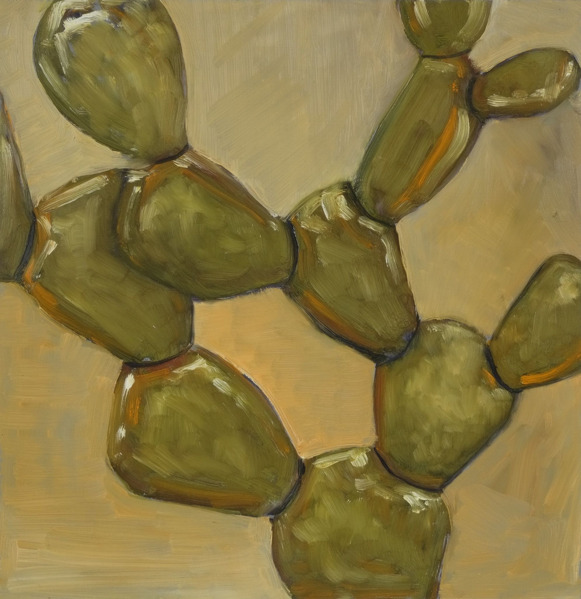 Oil painting of a close-up prickly pear cactus with thick green pads branching outward, painted in olive and sage green tones against a warm tan background.