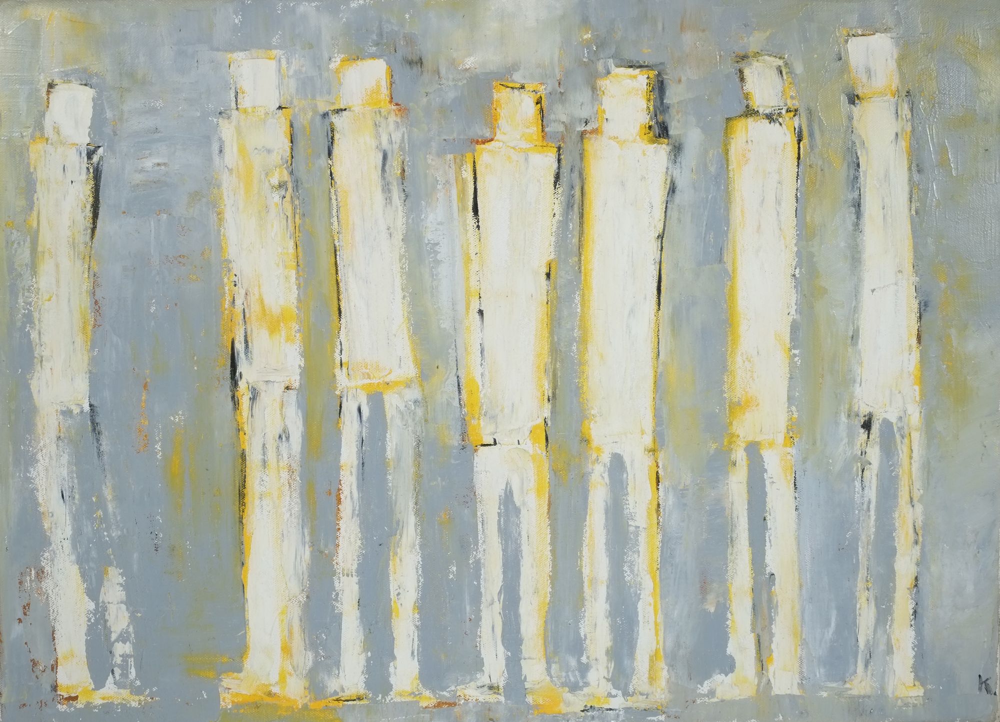 Oil painting of seven tall, narrow white figures standing in a row against a muted gray-blue background with yellow accents, rendered in loose vertical brushstrokes.