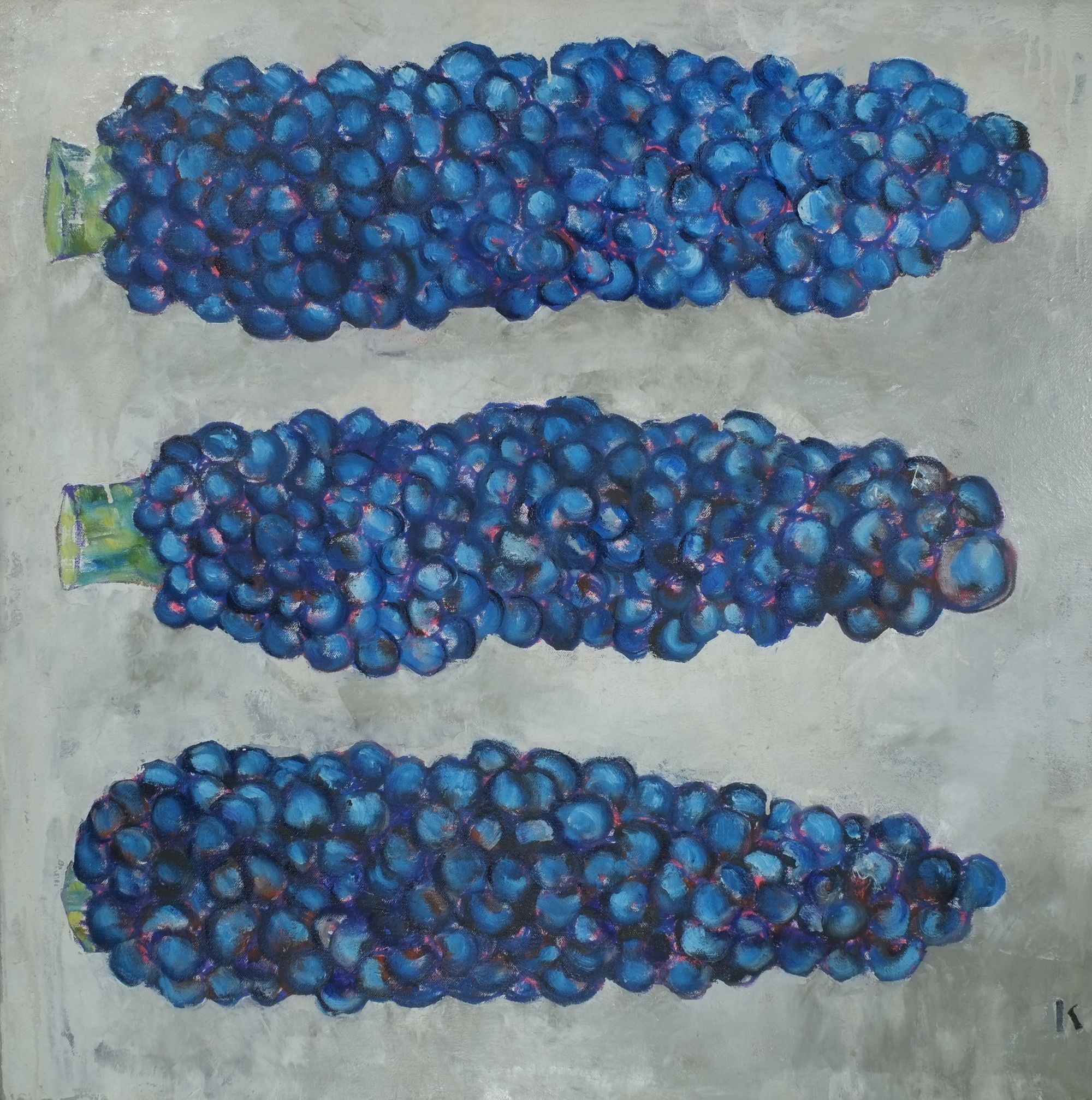 Oil painting of three ears of blue corn arranged horizontally in rows against a pale gray background, with vivid blue and purple kernels and small green husks.