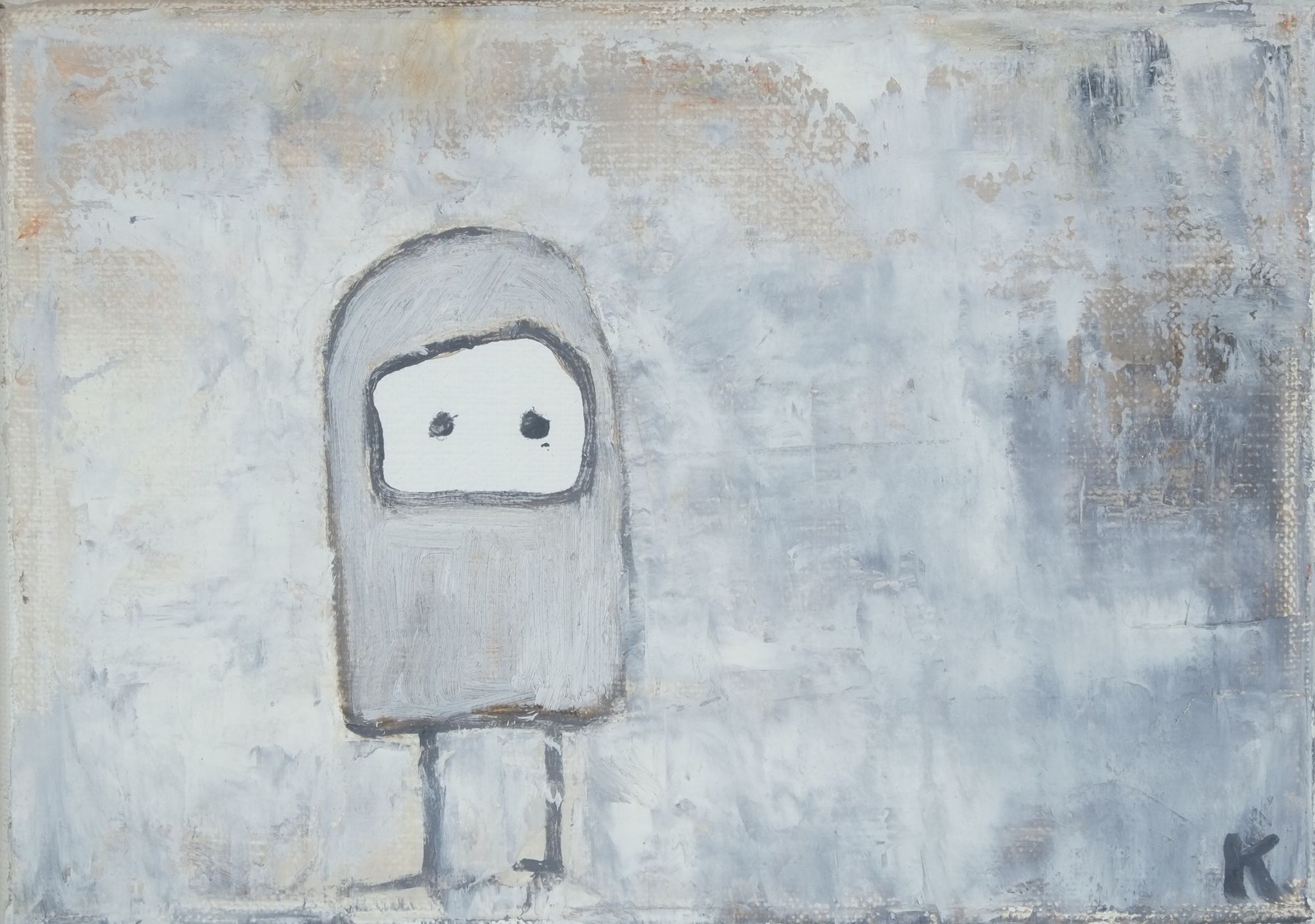 Small oil painting on gesso panel of a simple rounded figure with two dark eyes and short legs, rendered in pale gray and white against a textured gray-white background.