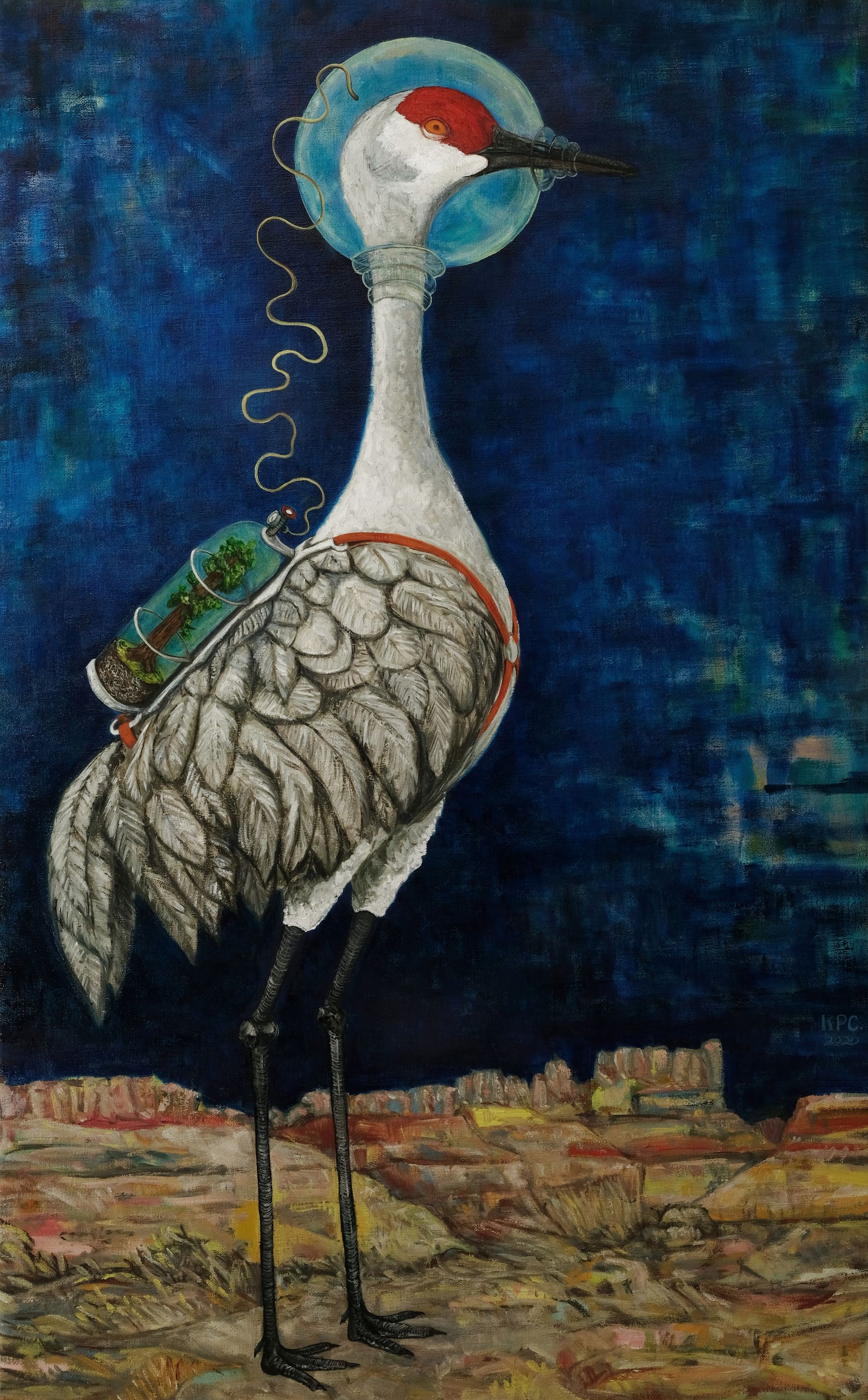 Oil painting of a sandhill crane wearing a glass helmet connected by tubing to a bonsai tree strapped to its back, standing on desert terrain against a deep blue background.