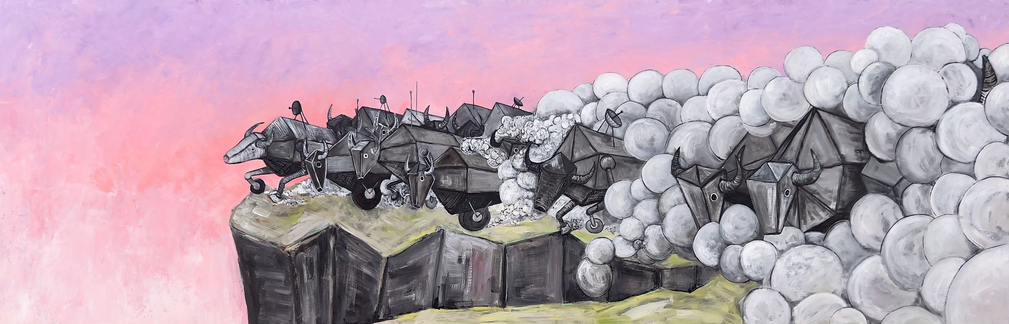 Panoramic oil painting of angular gray robotic bison stampeding off a cliff edge amid billowing white spheres, set against a pink and lavender sunset sky.