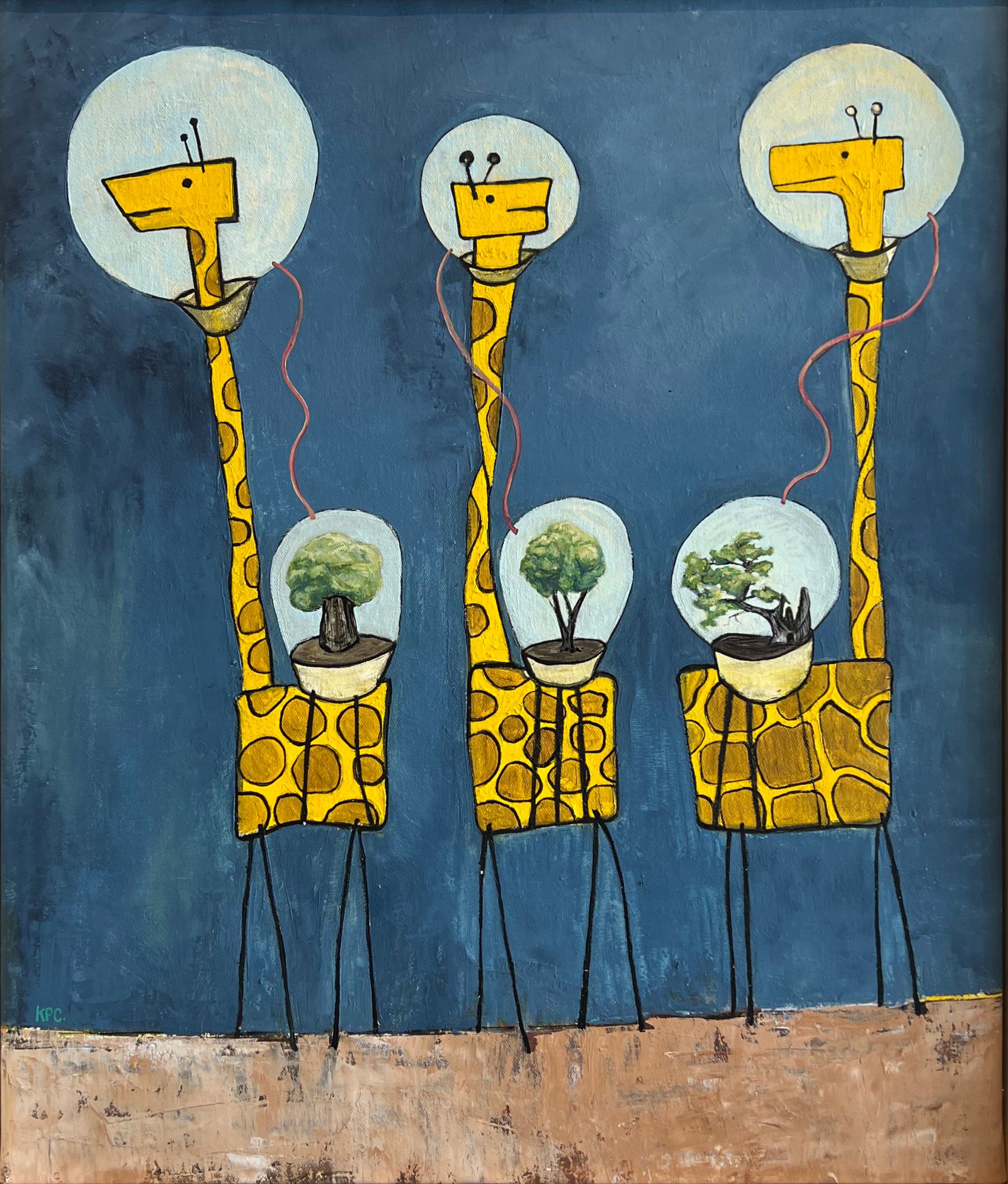 Oil on canvas painting of three stylized flat-bodied yellow giraffes with patterned hides, each carrying glass globe respirators with bonsai trees, standing on brown earth against a muted blue background.