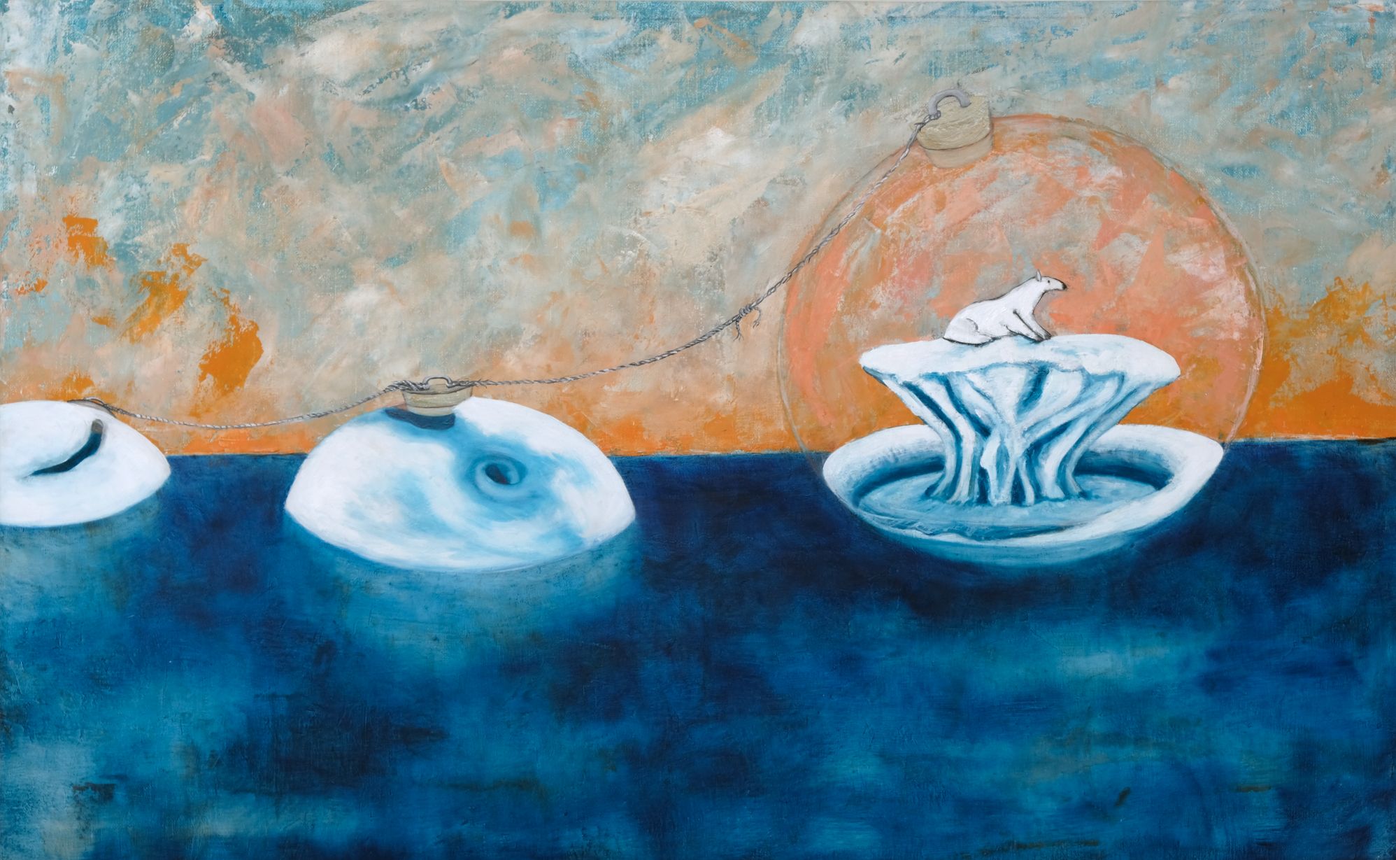 Oil on linen painting of a white polar bear perched atop a mushroom-shaped ice formation inside a translucent glass sphere floating in deep blue water, with connected smaller glass bubbles, against an orange and teal sky.