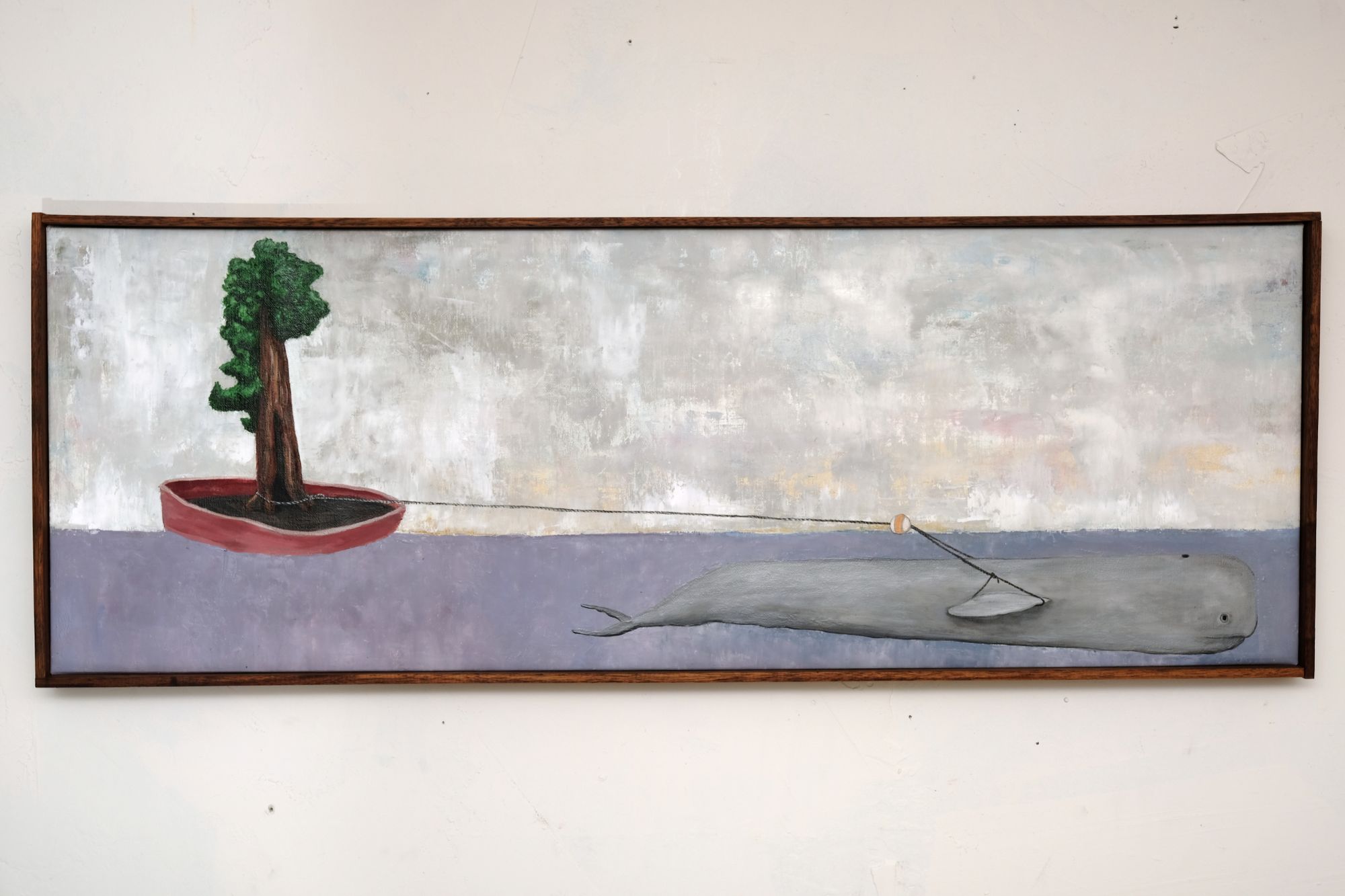 Panoramic oil on linen painting of a gray whale towing a red boat carrying a tall green sequoia tree across a lavender sea, beneath a pale gray and white sky.