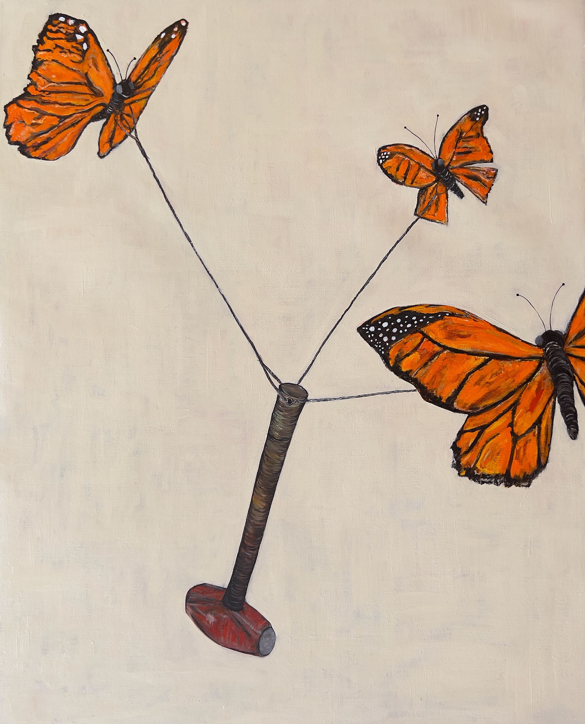 Oil on linen painting of three vivid orange monarch butterflies connected by thin strings to a small red sledgehammer, appearing to lift it into the air against a soft cream-colored background.