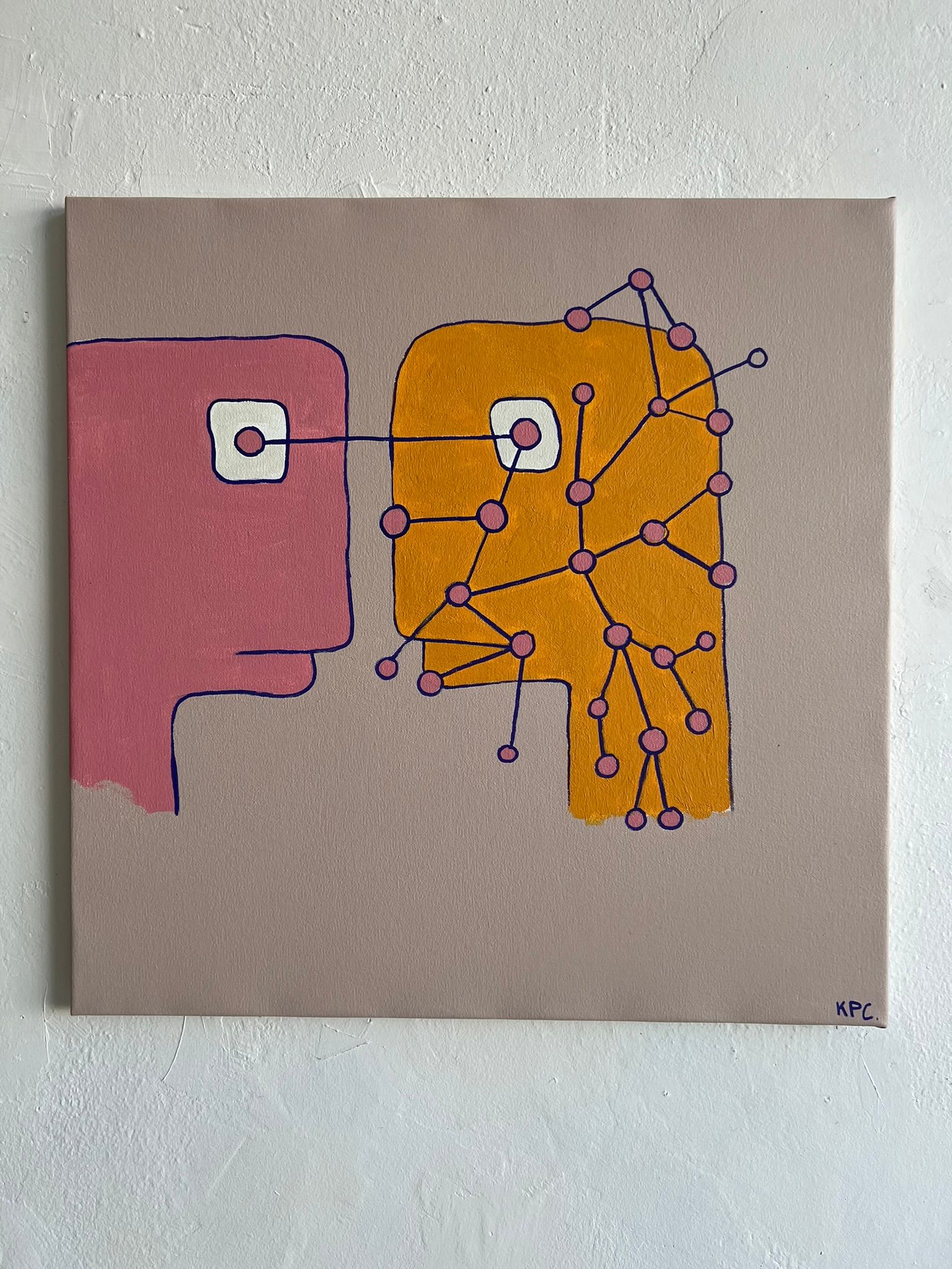 Acrylic and latex painting on canvas of two abstract faces in profile — one pink and one orange — connected by a network of purple lines and pink dots resembling a constellation or circuit diagram, on a warm gray background.