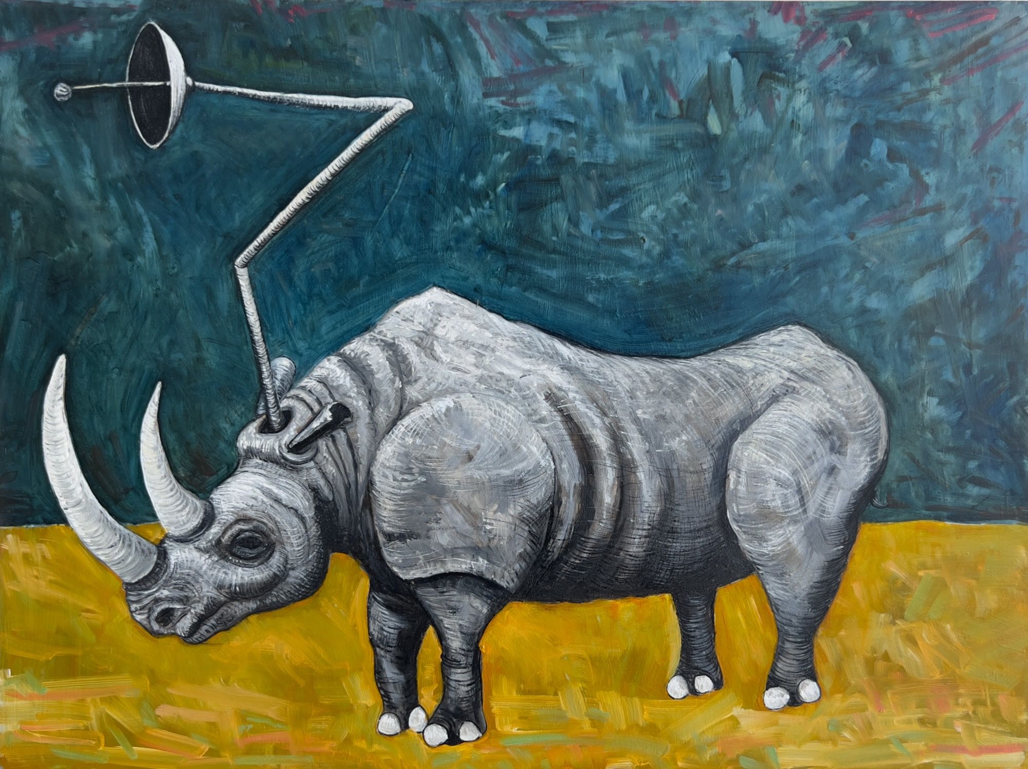 Oil painting on gesso panel of a gray rhinoceros with a satellite dish antenna extending from its back, standing on golden-yellow ground against a deeply textured dark teal sky with expressive brushstrokes.