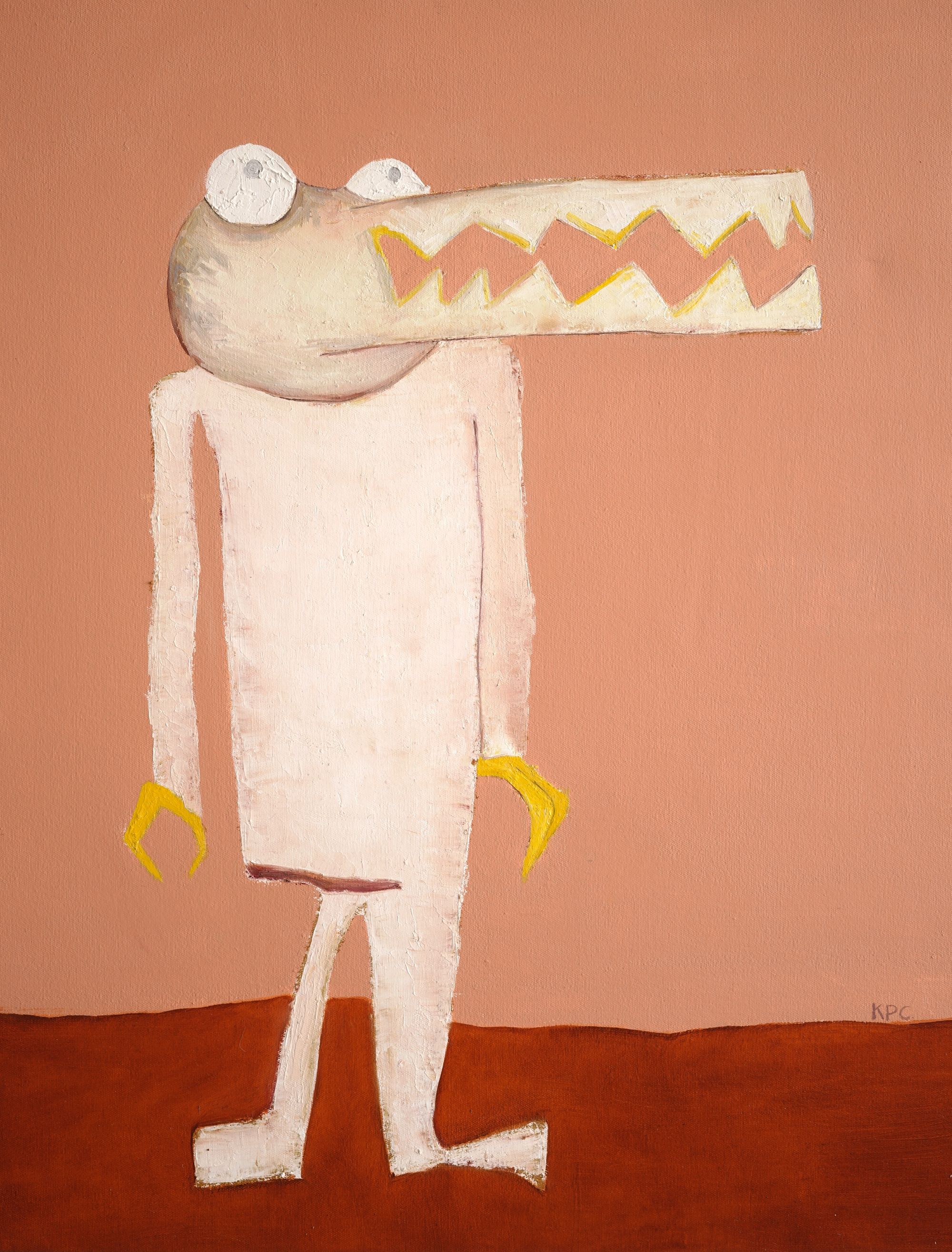 Mixed media painting of a whimsical upright crocodile-like creature with a long zigzag-toothed snout, white body, and small yellow claws, standing on a dark rust-colored ground against a muted pink background.