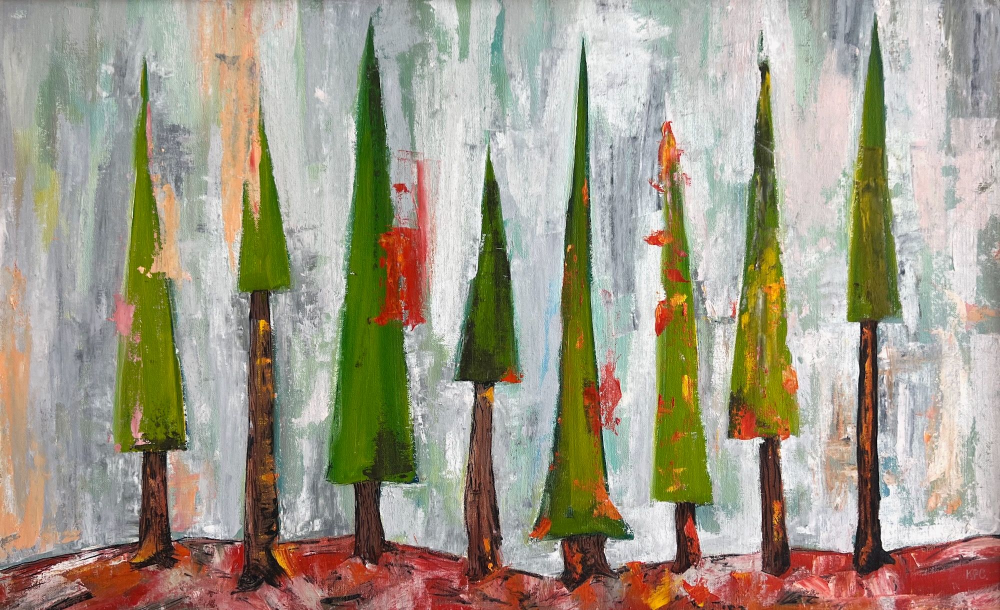 Oil on linen painting of a row of stylized green conifer trees with brown trunks, standing on red-orange scorched earth against a heavily textured gray and white sky with scattered flashes of red and orange suggesting fire and smoke.