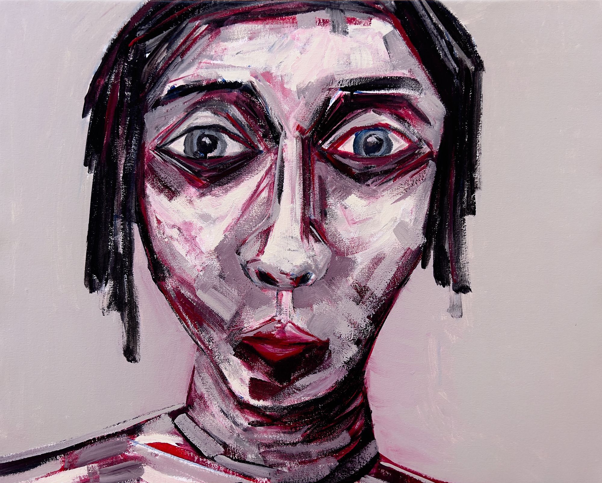 Expressionist mixed media portrait of a face with wide staring eyes and dark bobbed hair, painted in bold strokes of deep crimson, black, pink, and gray against a pale lavender background.