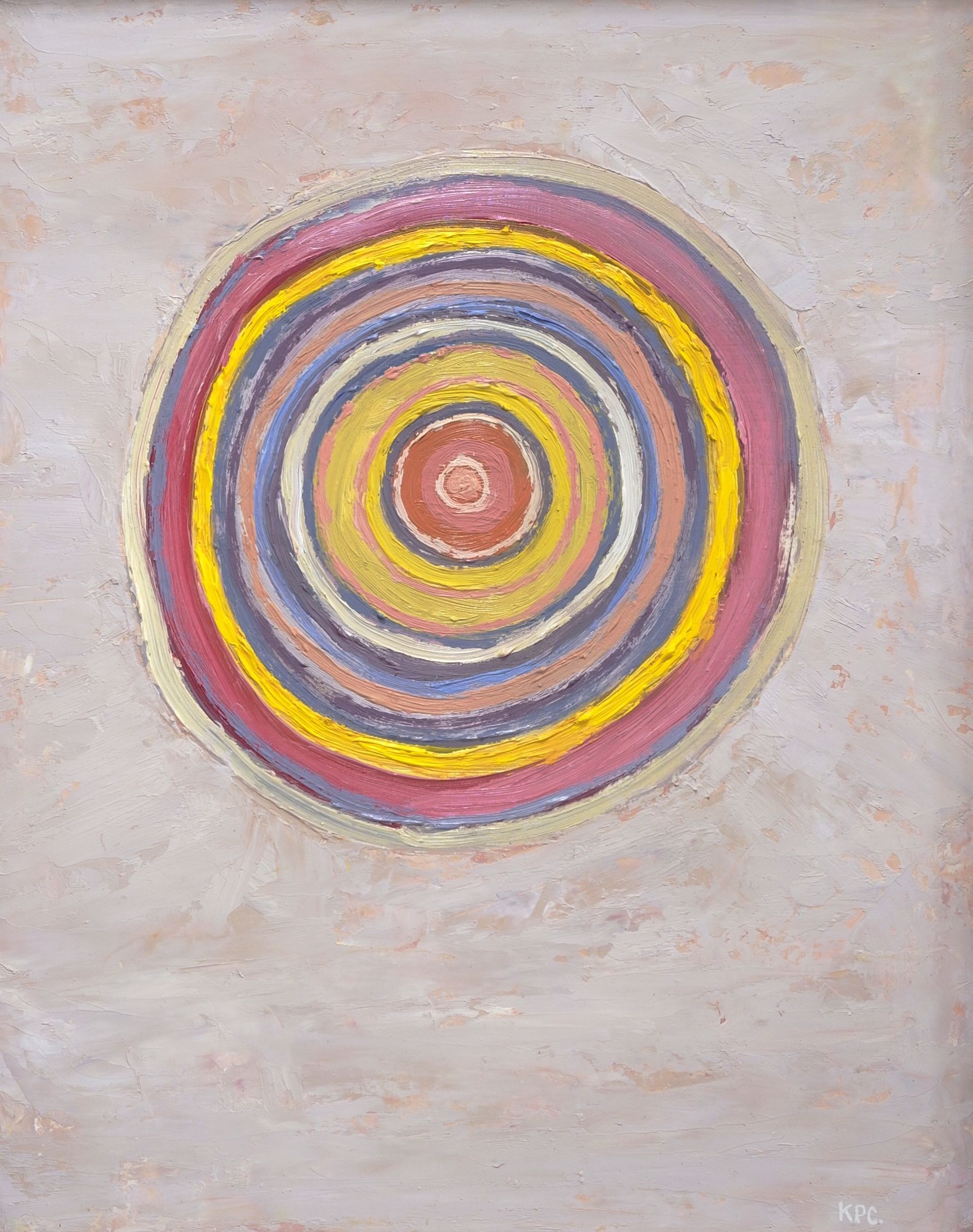 Oil painting detail of concentric rings in alternating bands of rose, yellow, blue-gray, white, and coral on a textured off-white surface, with visible impasto brushwork throughout.