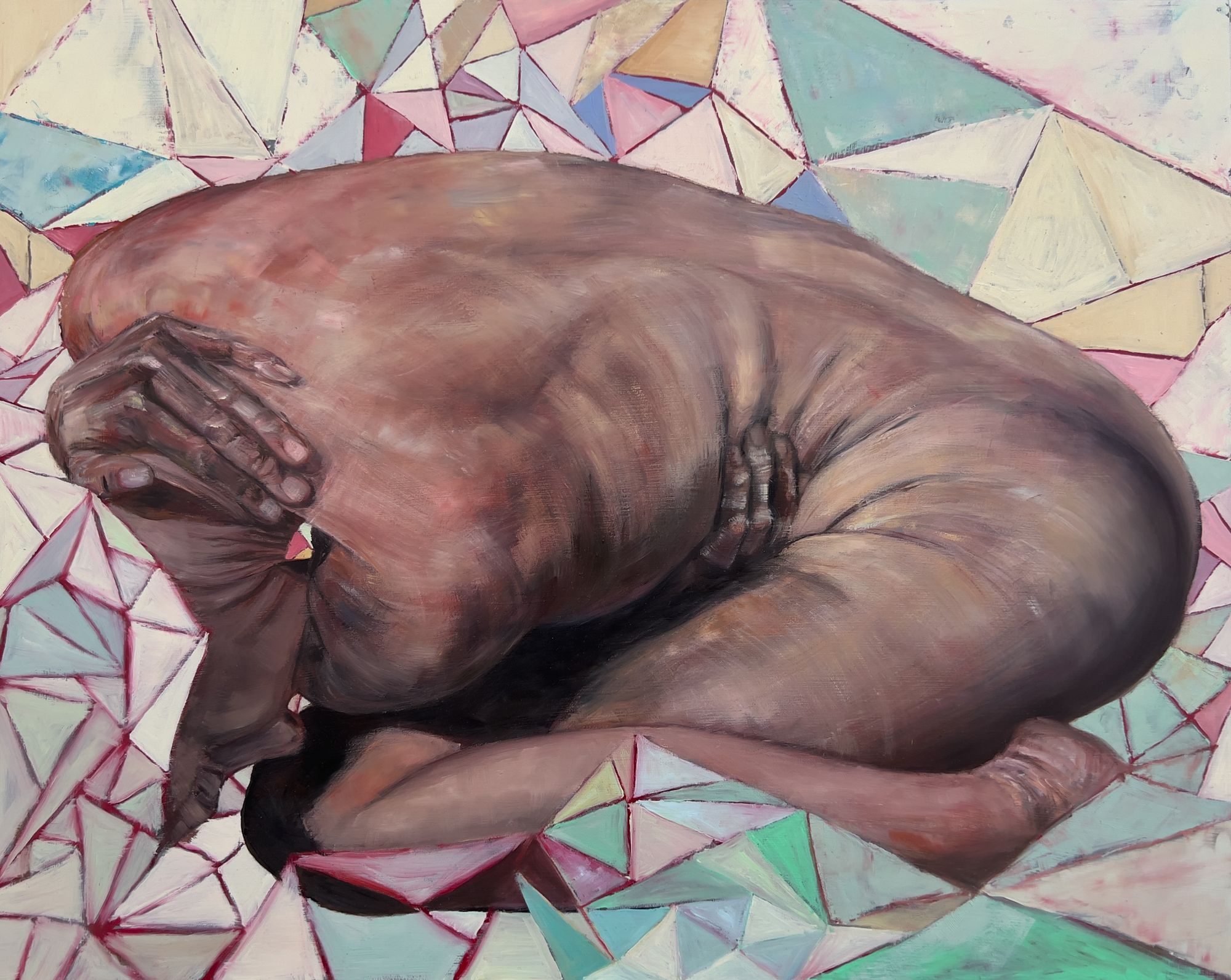 Oil painting of a curled nude figure seen from behind, head buried in hands, set against a mosaic-like background of pastel geometric triangles in pink, teal, cream, and lavender.