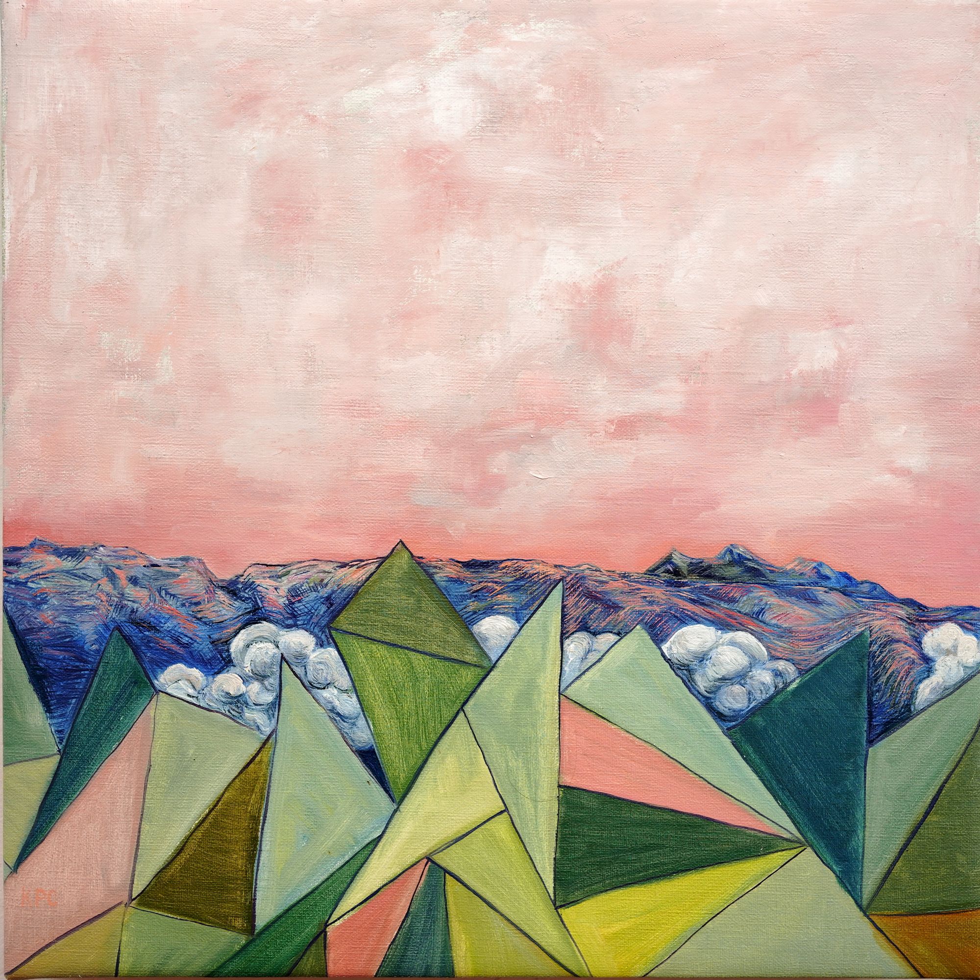 Oil painting of a New Mexico landscape with geometric triangular mountain forms in varied greens and teals in the lower half, blue-purple mountain ridges with small white clouds nestled between peaks along the horizon, beneath an expansive hazy pink sky.