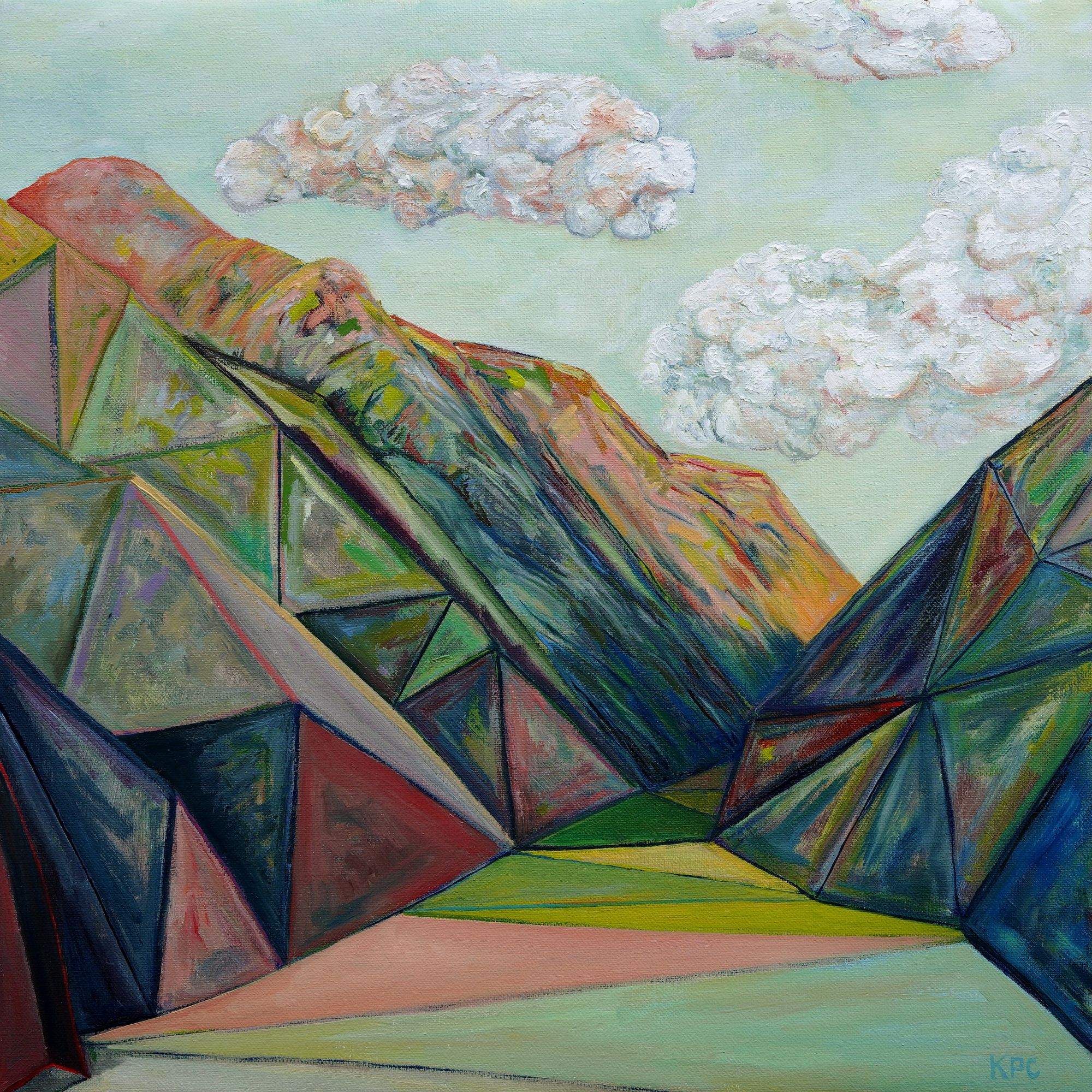 Oil painting of a mountain valley rendered in geometric, faceted planes of green, teal, rose, and ochre, with soft white clouds floating against a pale mint sky and a creek bed receding into the alpine distance.