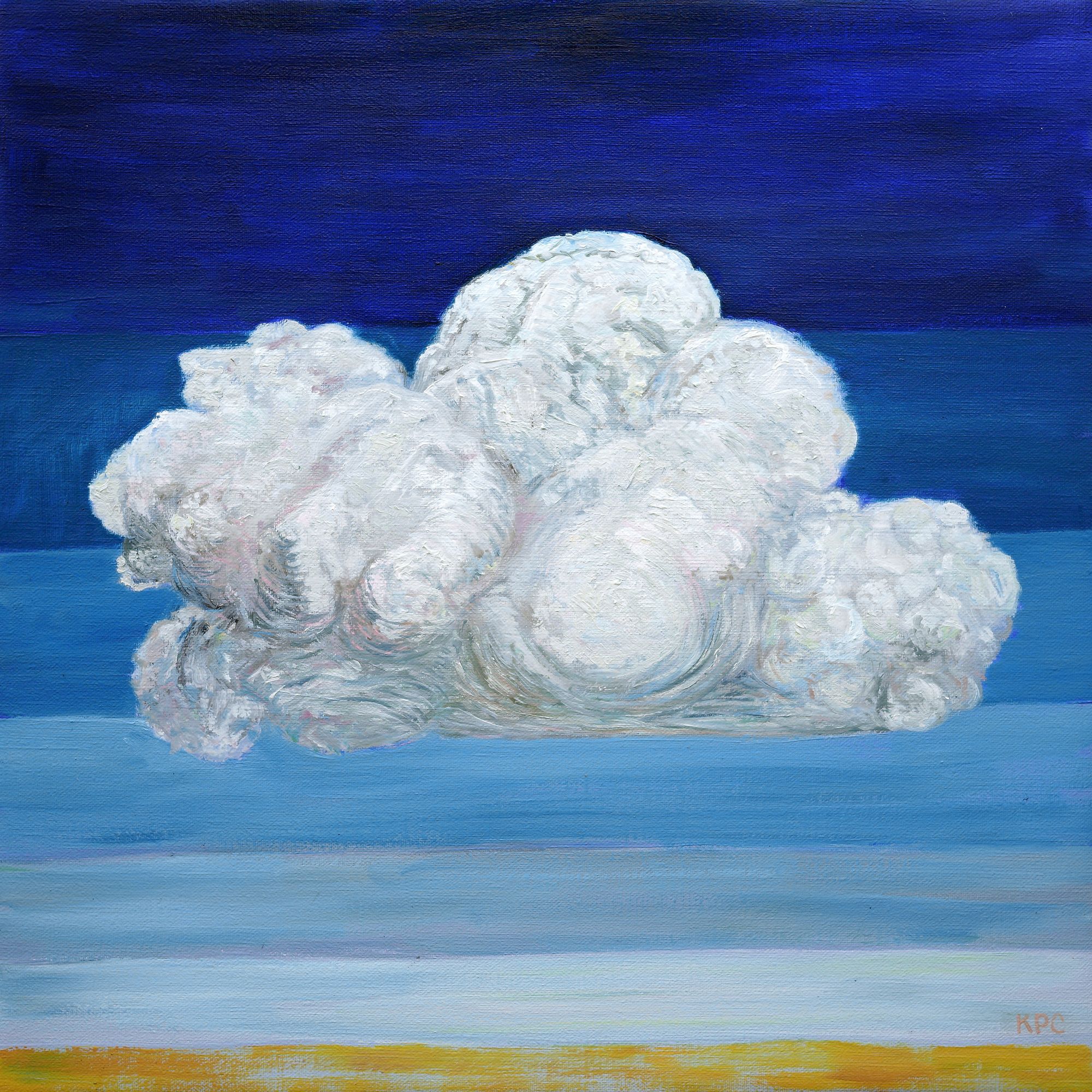 Oil painting of a single billowing white cumulus cloud rendered with thick impasto brushwork, floating against a background of horizontal blue bands graduating from deep navy at the top to pale blue and a warm golden-yellow strip at the horizon.