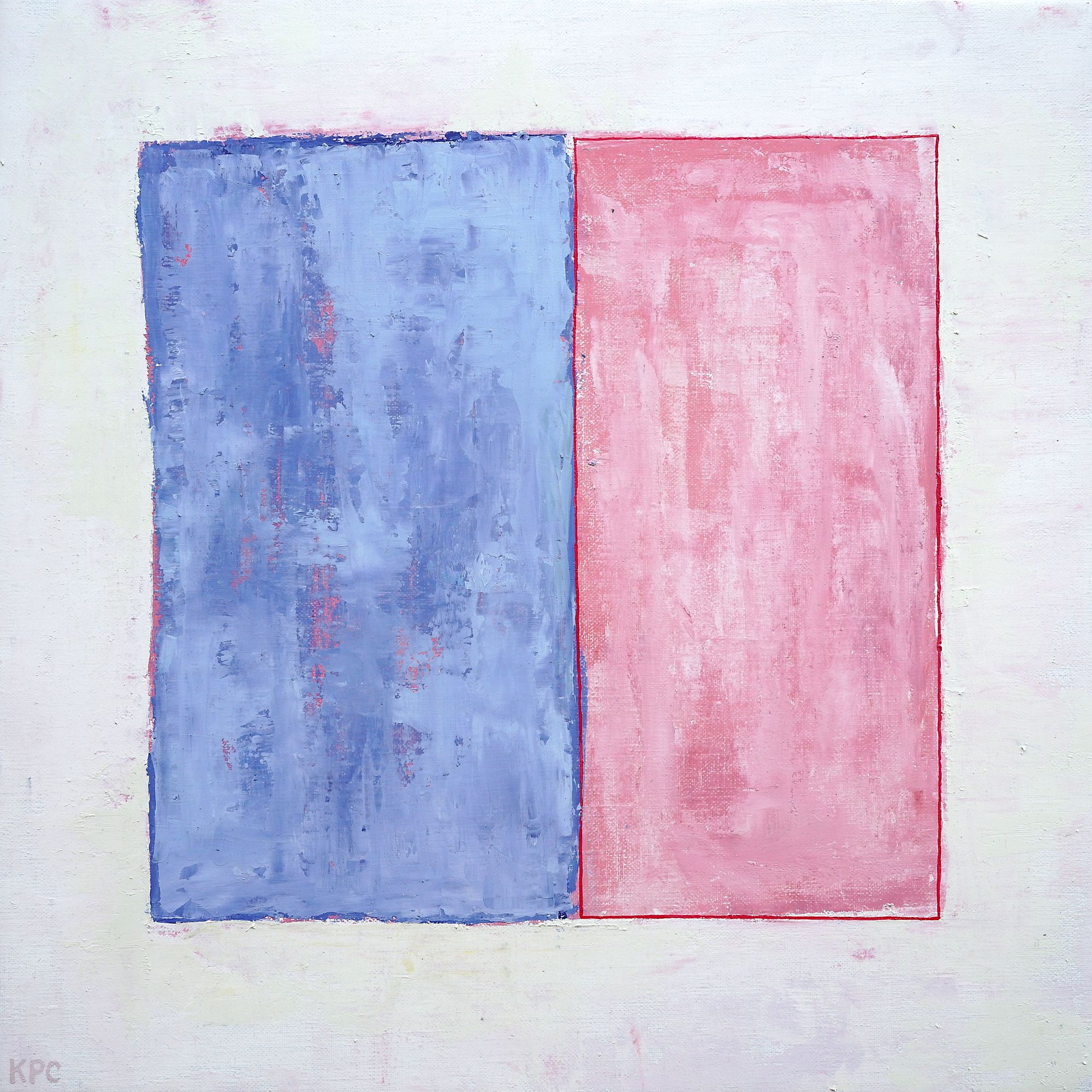 Minimalist oil painting of two vertical rectangles side by side — one soft periwinkle blue, one muted pink — with subtle red outlines, centered on a pale cream-white background with visible brushwork texture.