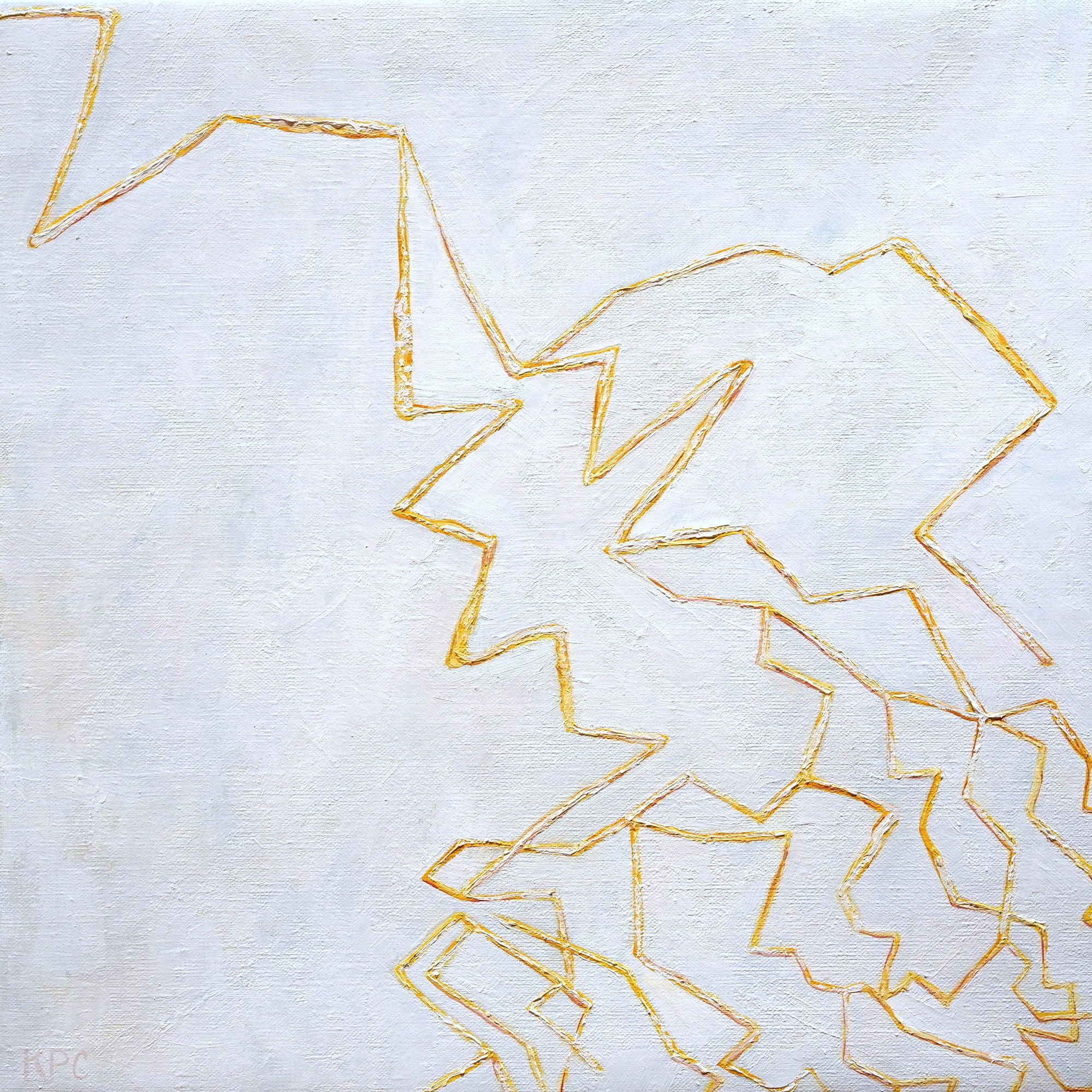 Minimalist oil painting of angular, jagged lightning bolt shapes outlined in golden-yellow lines against a pale white-gray background, with the forms cascading from the upper left to a dense cluster in the lower right corner.