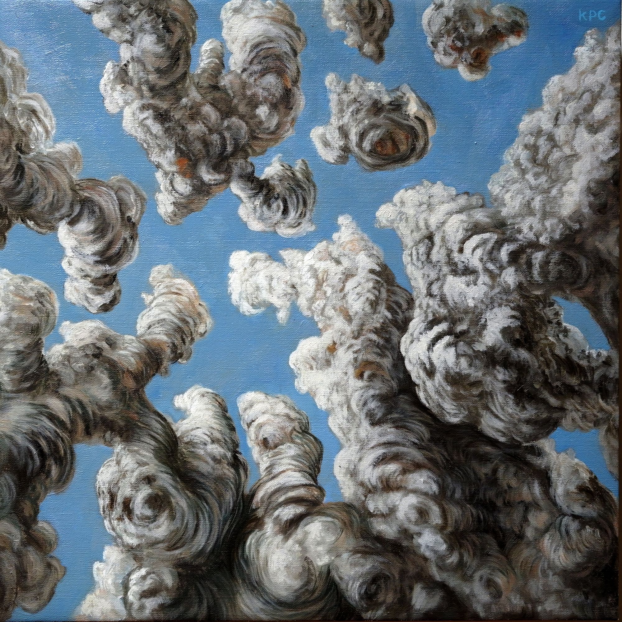 Oil painting depicting a dramatic upward view of towering cumulus clouds rendered in thick, swirling white and gray brushstrokes against a vivid blue sky, the billowing forms rising vertically like architectural columns.