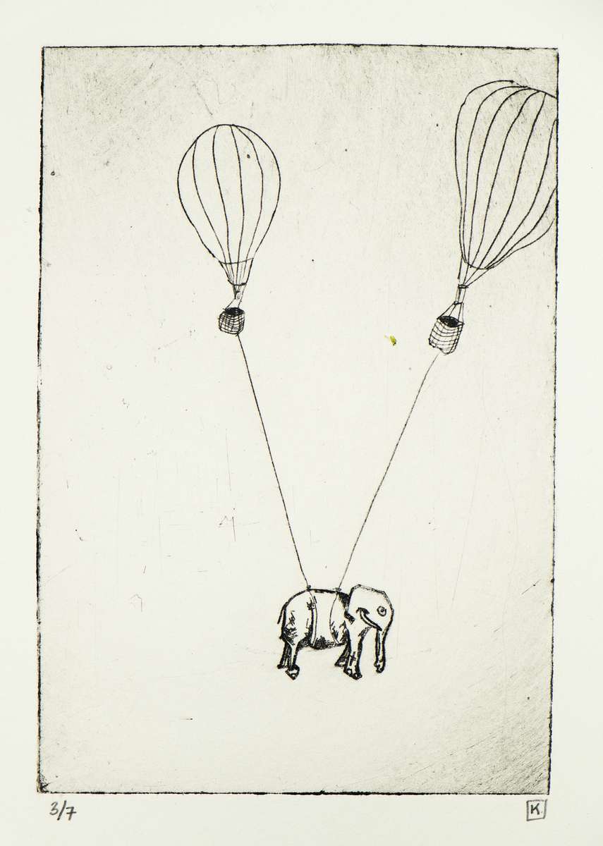 Drypoint intaglio print of a small elephant suspended in midair by two hot air balloons connected with ropes, rendered in black ink on cream paper with delicate crosshatched lines.