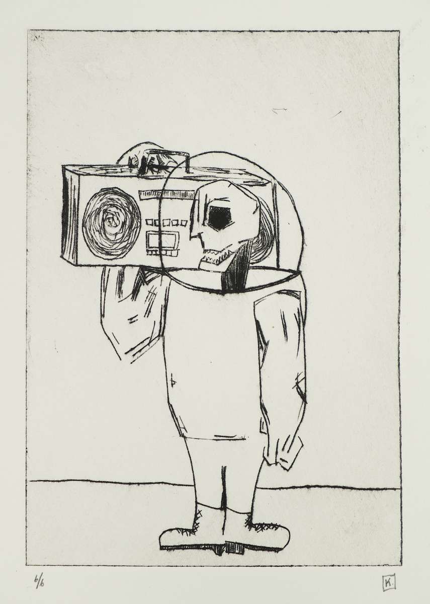 Drypoint intaglio print of a skull-faced figure in a spacesuit holding a large boombox on its shoulder, standing on a horizon line. Black ink on cream paper with bold scratched lines.