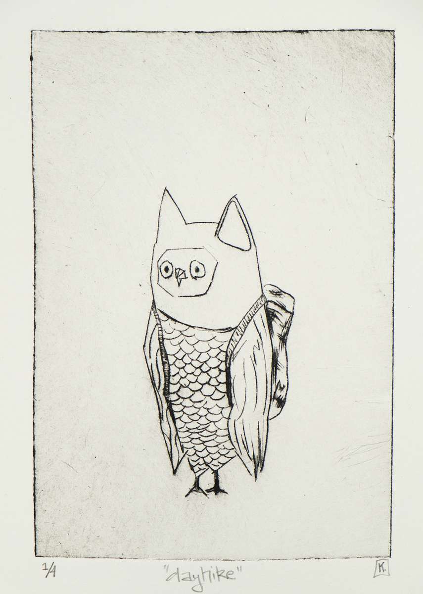 Drypoint intaglio print of a whimsical owl with scalloped feathers wearing a backpack, standing upright as if ready for a hike. Black ink on cream paper with fine etched lines.