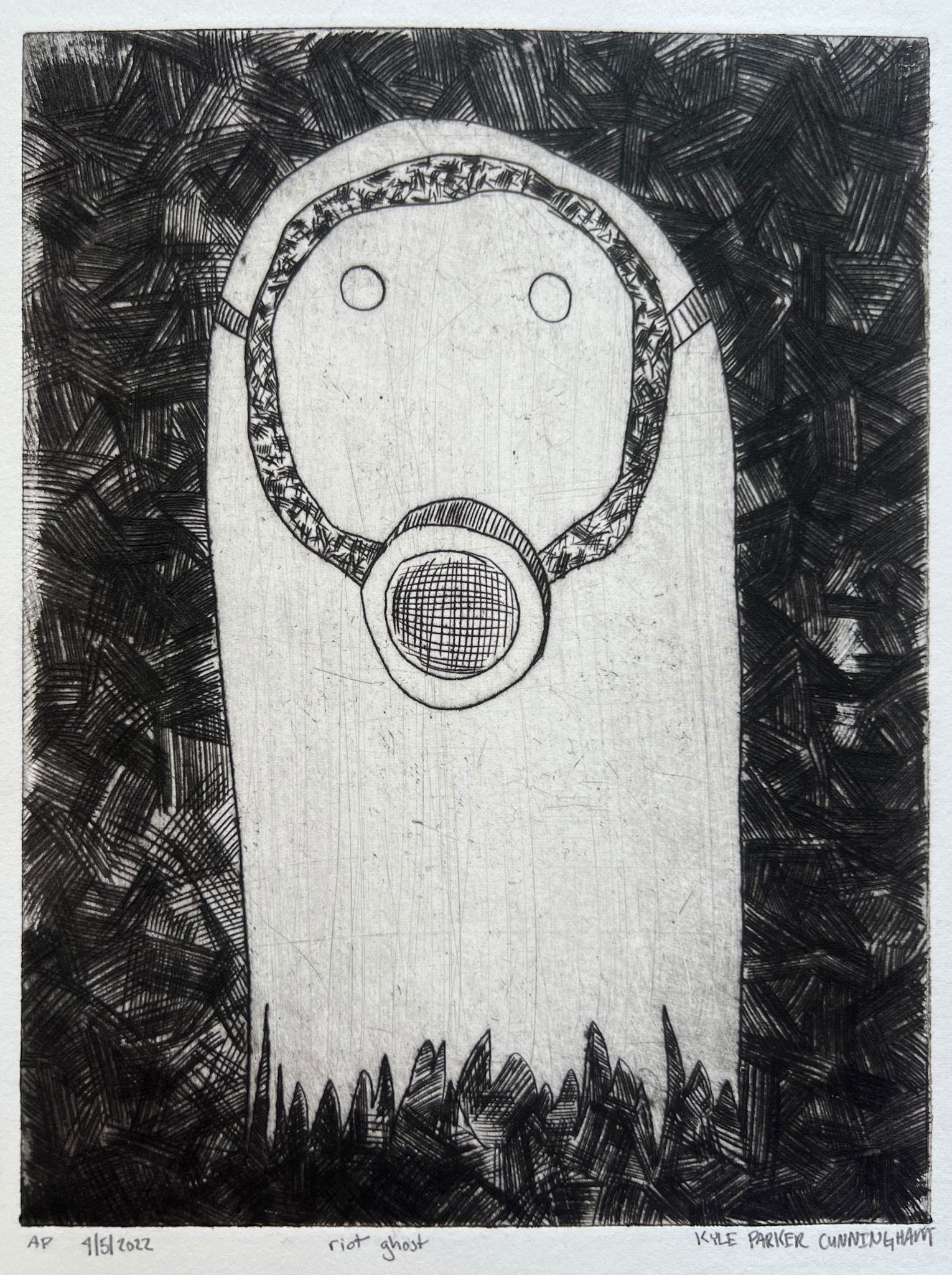 Drypoint intaglio print of a tall ghost-like figure with a gas mask, featuring two small circular eyes and a crosshatched filter, set against a densely scratched dark background with jagged grass at the base. Black ink on handtorn paper.