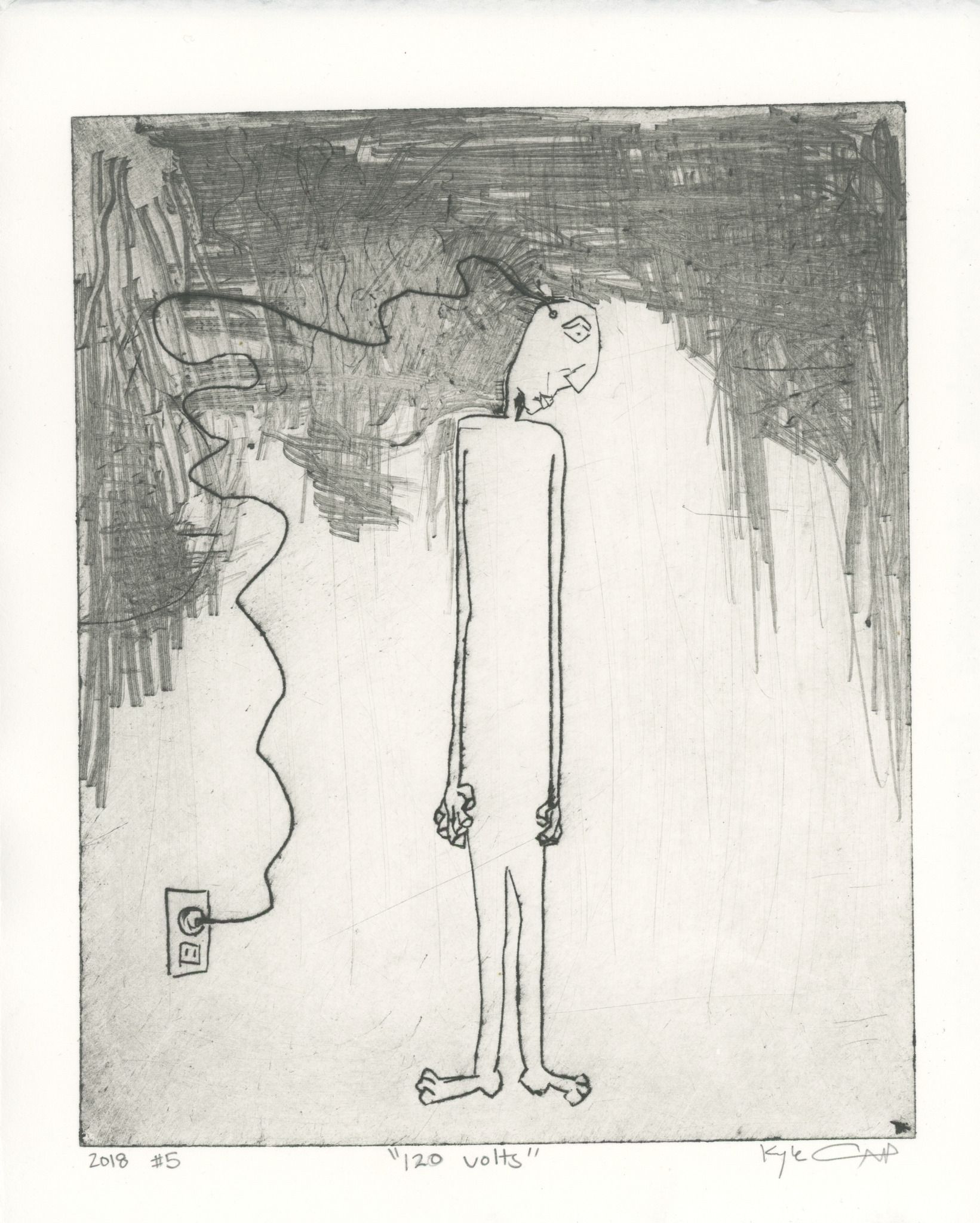 Drypoint intaglio print of a tall, thin figure standing in profile with a cord trailing from its head to a wall outlet, surrounded by dense crosshatched dark shading in the upper left that fades to open white space, rendered entirely in black ink on cream paper.