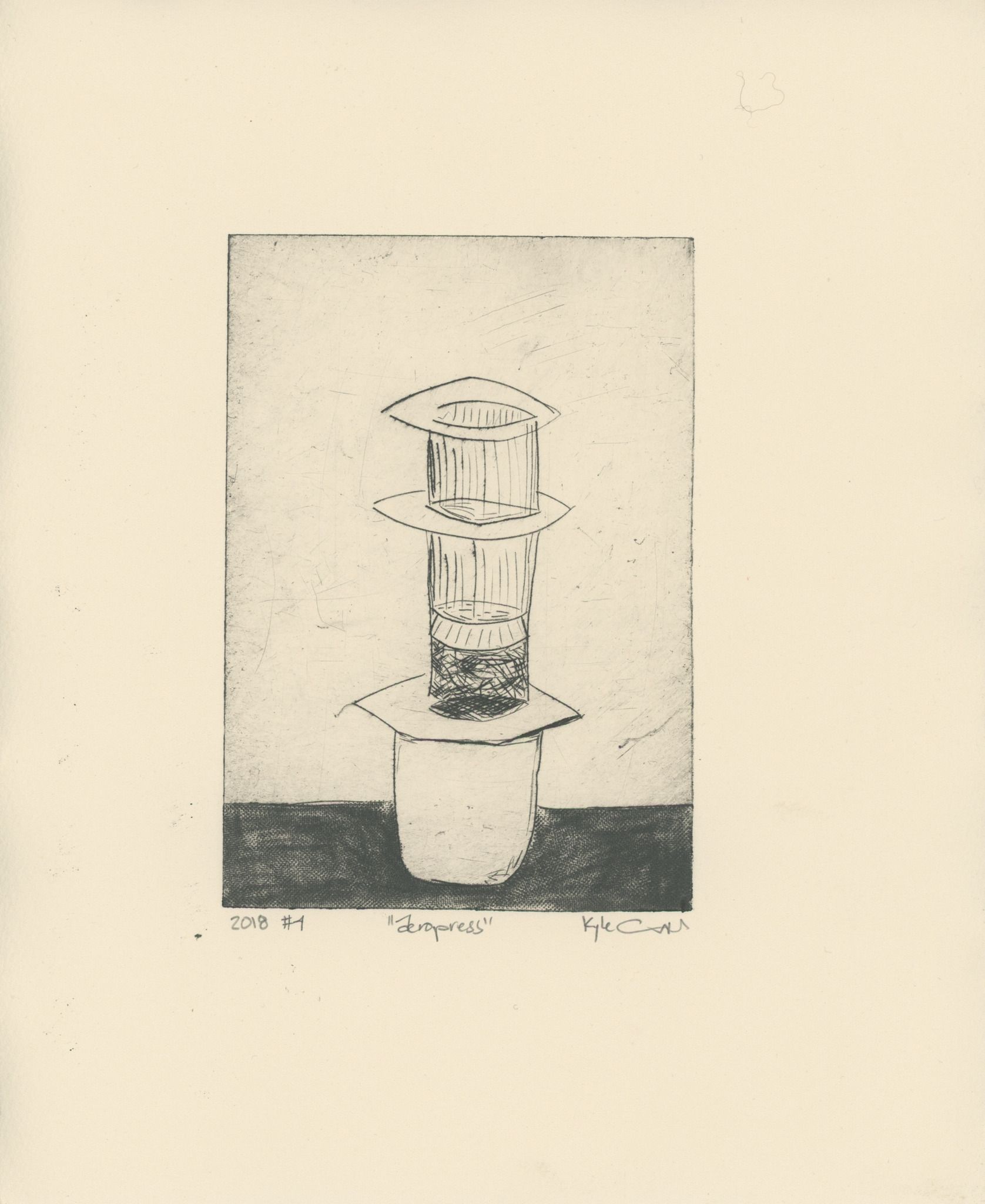 Intaglio print of an Aeropress coffee maker with its cylindrical chamber, filter cap, and plunger stacked vertically on a mug, sitting on a dark surface. Black ink on Rives BFK paper with fine etched lines.