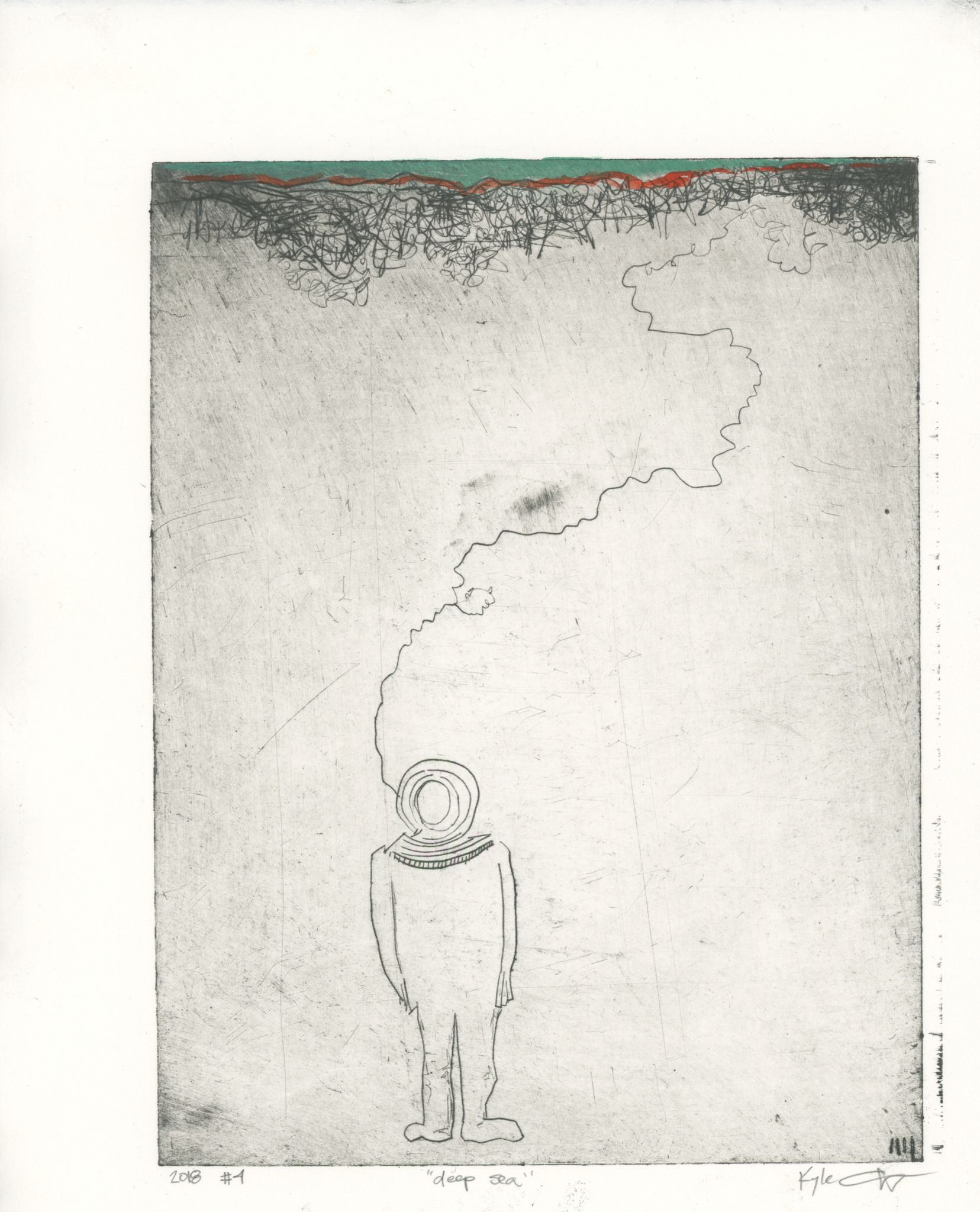 Drypoint intaglio print of a small deep-sea diver in an old-fashioned helmet standing at the bottom of the ocean, with a plume of bubbles rising upward toward a tangled mass of seaweed at the water's surface, hand-colored with teal and red watercolor accents along the top edge.