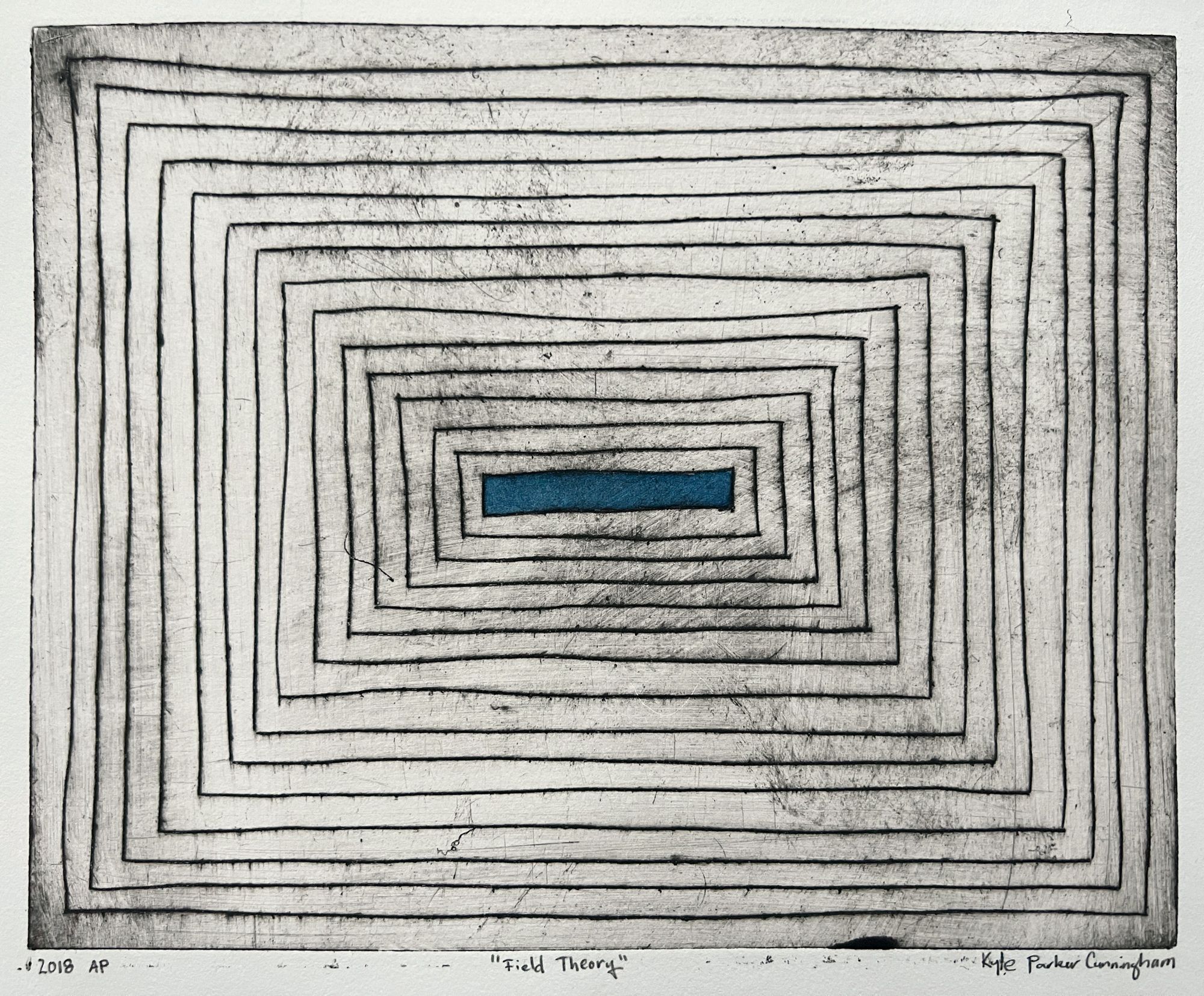 Drypoint intaglio print of concentric rectangles receding toward the center in a tunnel-like perspective, with heavy black ink lines on cream paper and a small blue-teal watercolor rectangle at the focal point in the center.