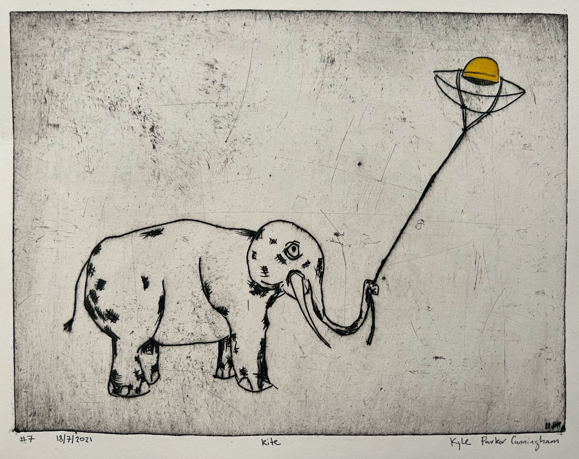 Drypoint intaglio print of an elephant holding a string in its trunk that flies a small flying-saucer kite with a yellow watercolor dome, rendered in black ink with crosshatched texture on cream paper.
